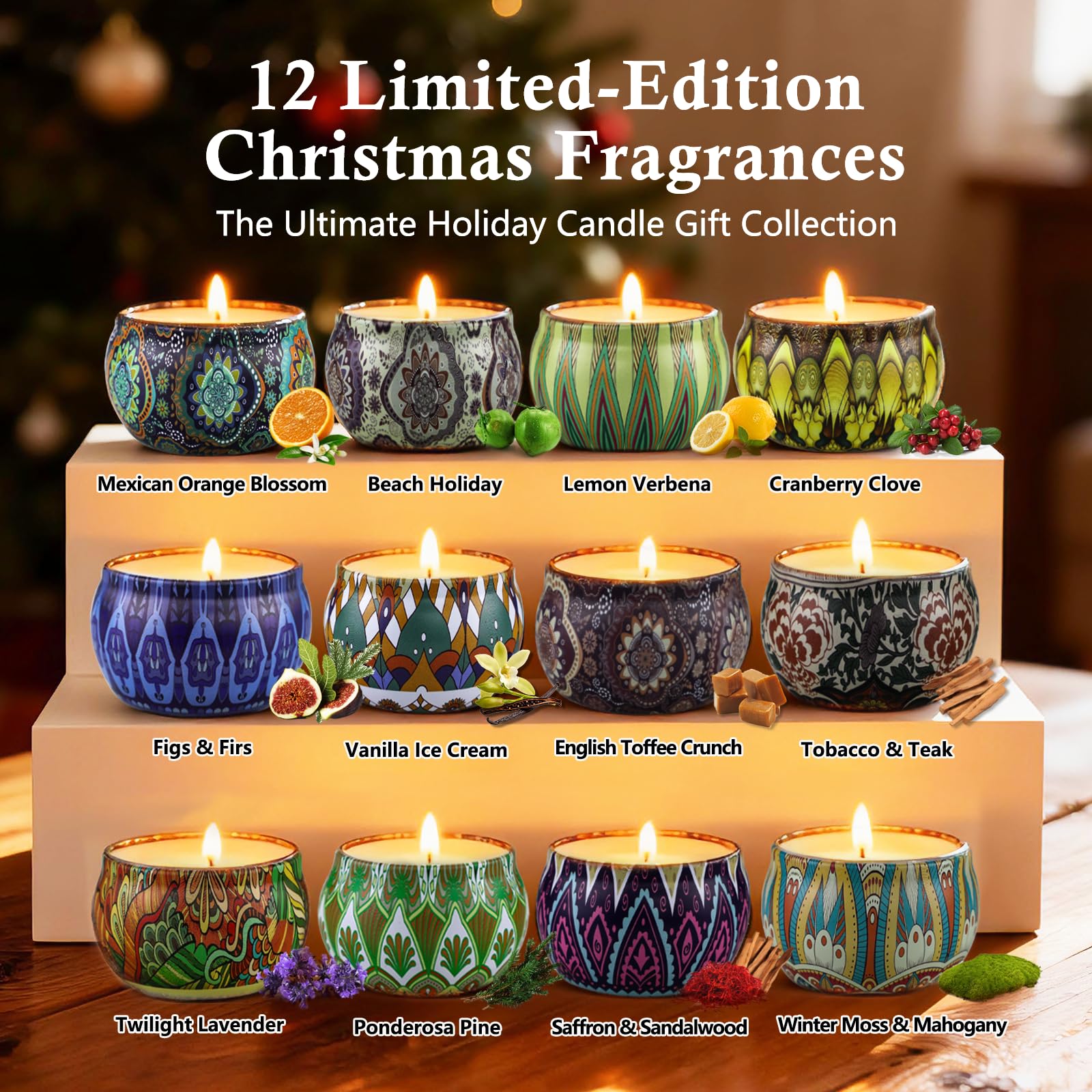 Christmas Scented Candles Gift Set - 12 Pack, Soy Wax, Gift Box