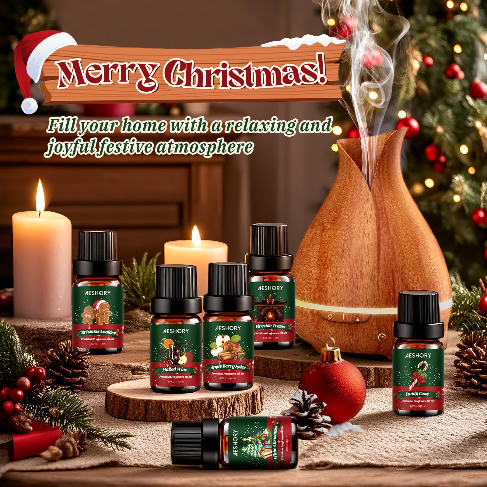 Christmas Fragrance Oil Set - 6 Winter Essential Oils for Diffusers (Gift Box)