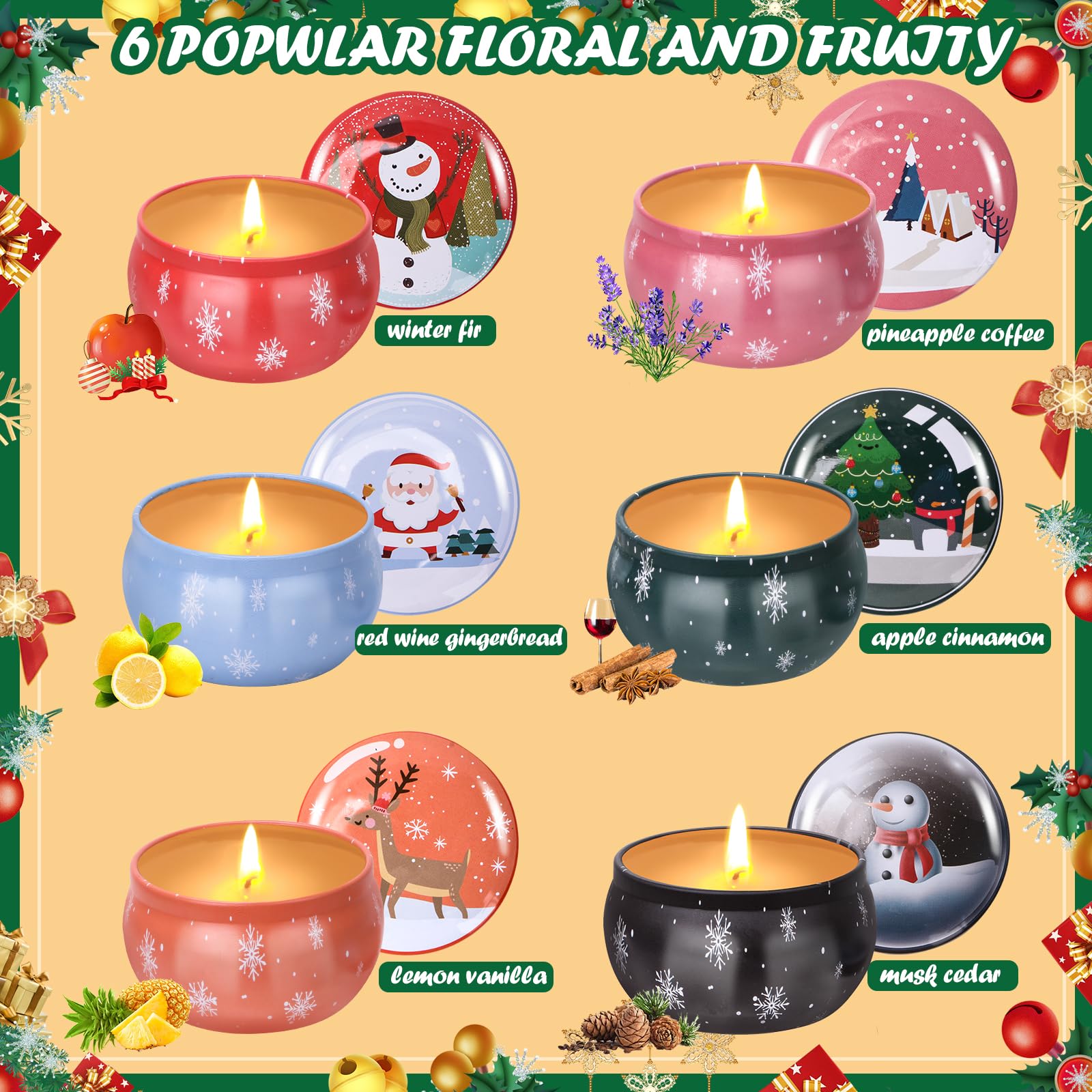 Christmas Scented Candles Gift Set for Women – 6-Pack Soy Aromatherapy Candles