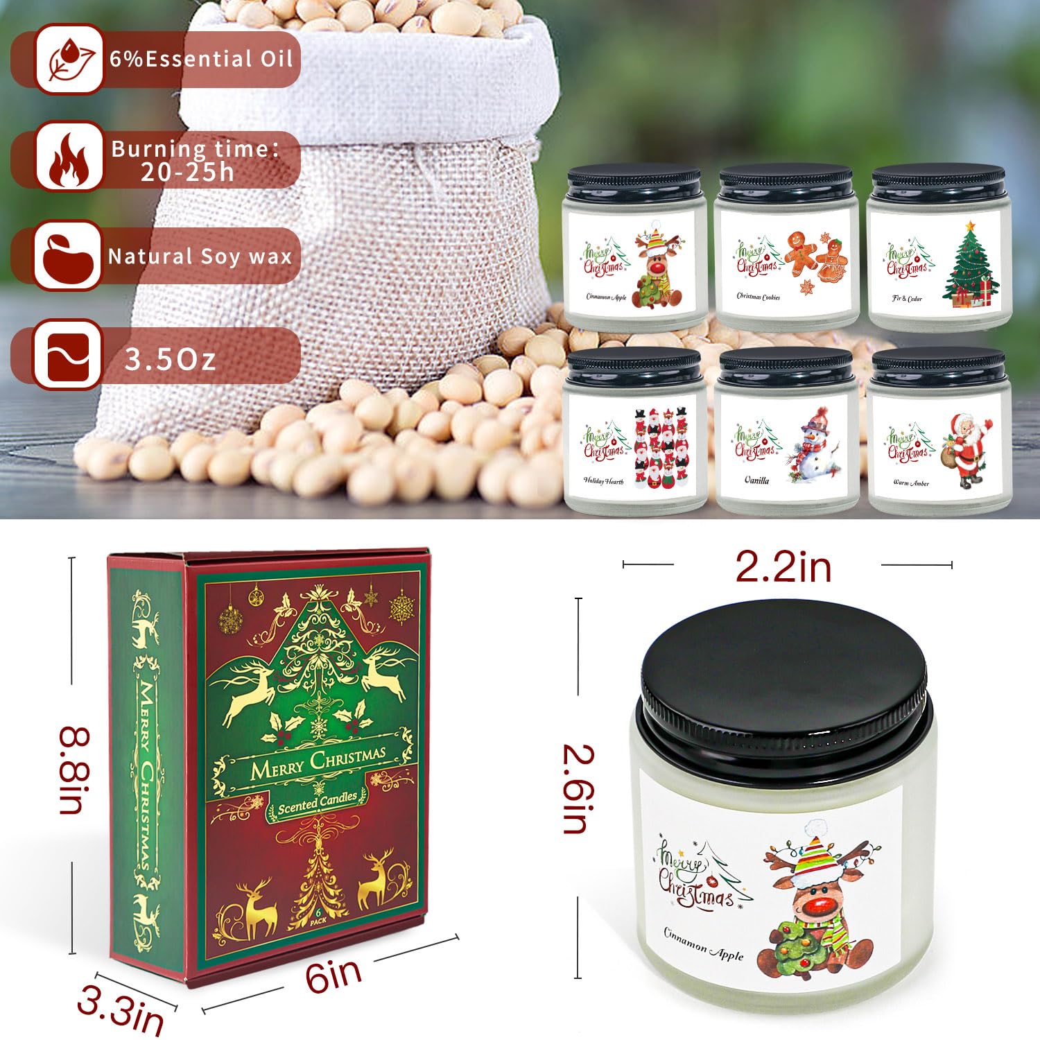 Christmas Scented Candles – 6 Pack Soy, 21 oz Jars | Gift Ideas