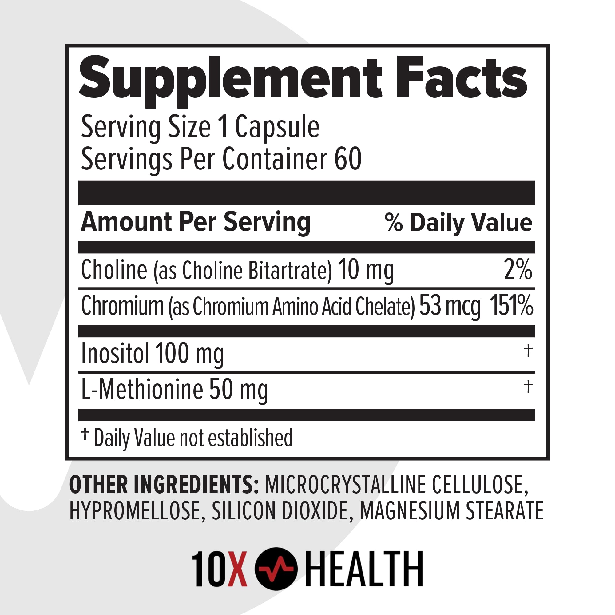 10X Health MIC Chromium Supplements - 60 Capsules with Choline, Inositol & L-Methionine
