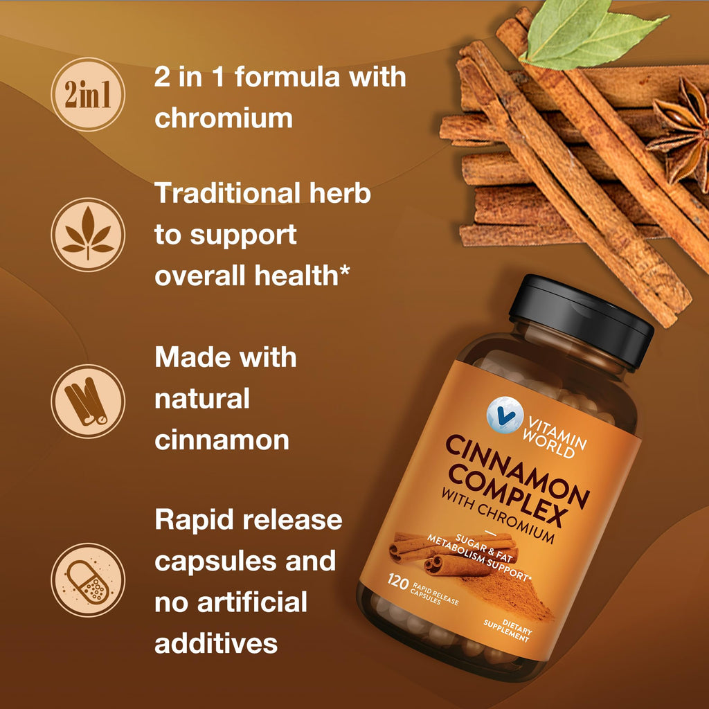 Vitamin World Cinnamon Complex with Chromium - 1000 mg Cinnamon, 200 mcg Chromium | 120 Capsules | Gluten Free