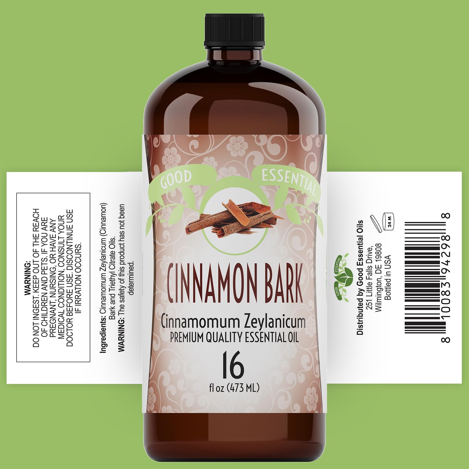 Good Essential Cinnamon Bark Oil Bulk, 16oz - Large Bottle for Diffuser, Humidifier, Massage, Bath Bomb, Skin & Hair Care
