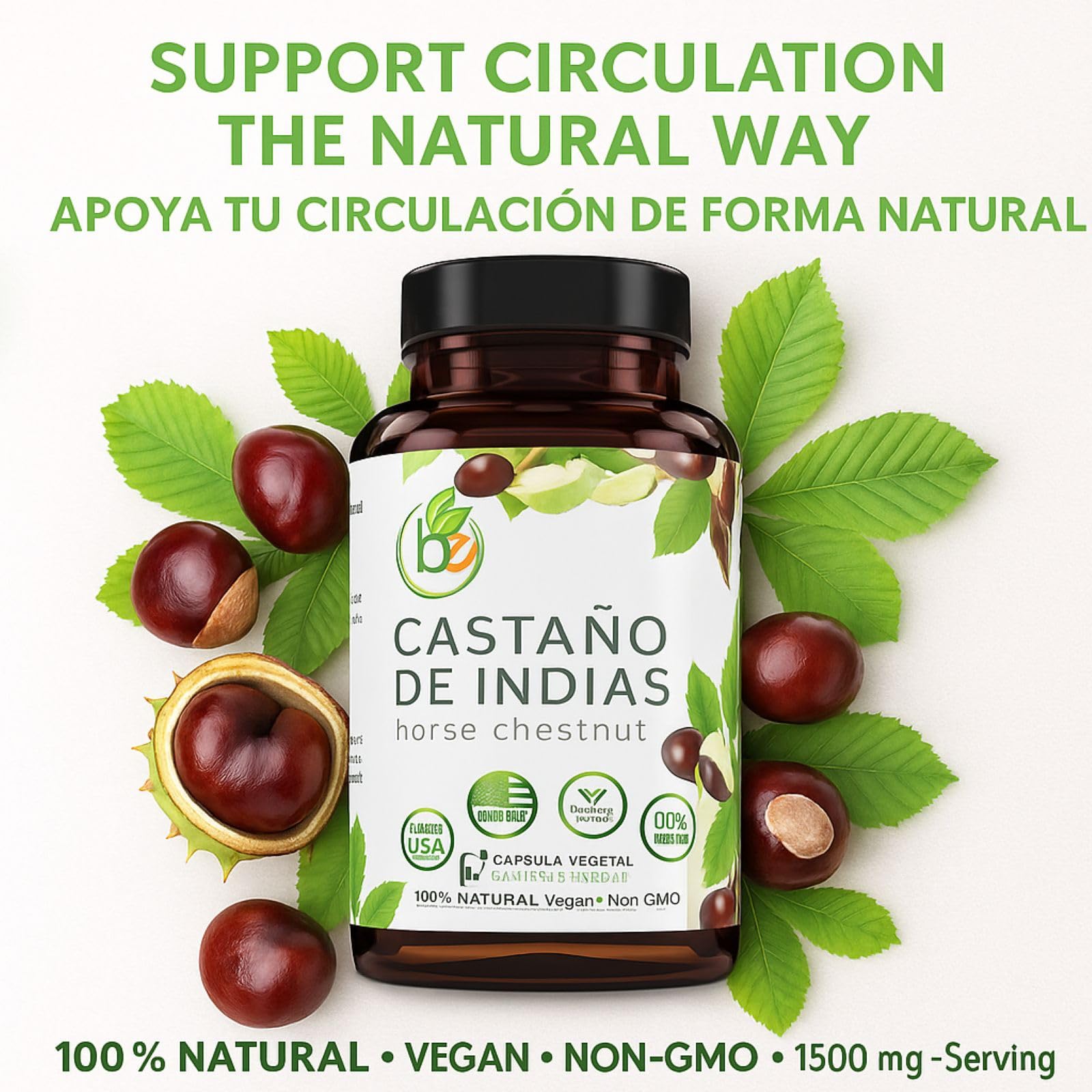Horse Chestnut Capsules 1500 mg – 90 Veggie Caps | Vein & Circulation Support | Made in USA