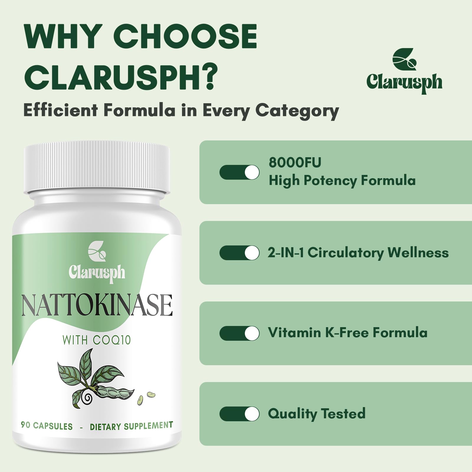 Clarusph Nattokinase Supplement for Circulation – 8000 FU + CoQ10, 90 Capsules, Gluten-Free