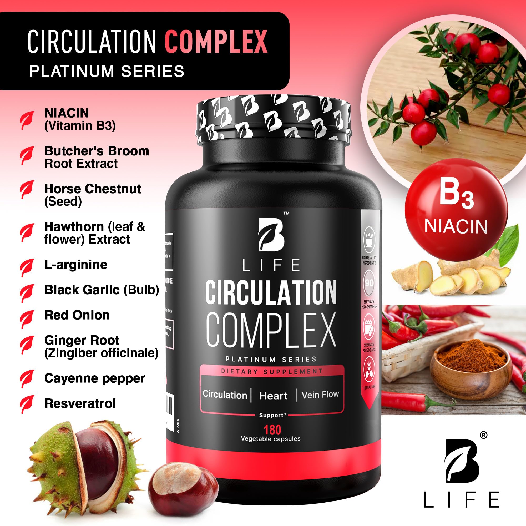 Circulation Complex 180 Caps – Butcher's Broom, Horse Chestnut, L-Arginine & Resveratrol | Made in USA (CirculationUSA)