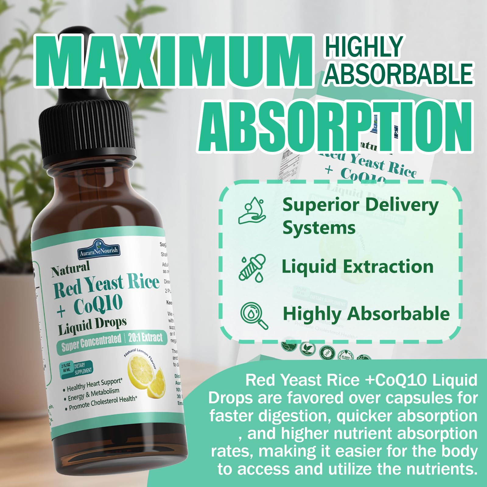 Red Yeast Rice with CoQ10 Liposomal Drops – 1200mg, 5-in-1 Cholesterol Support