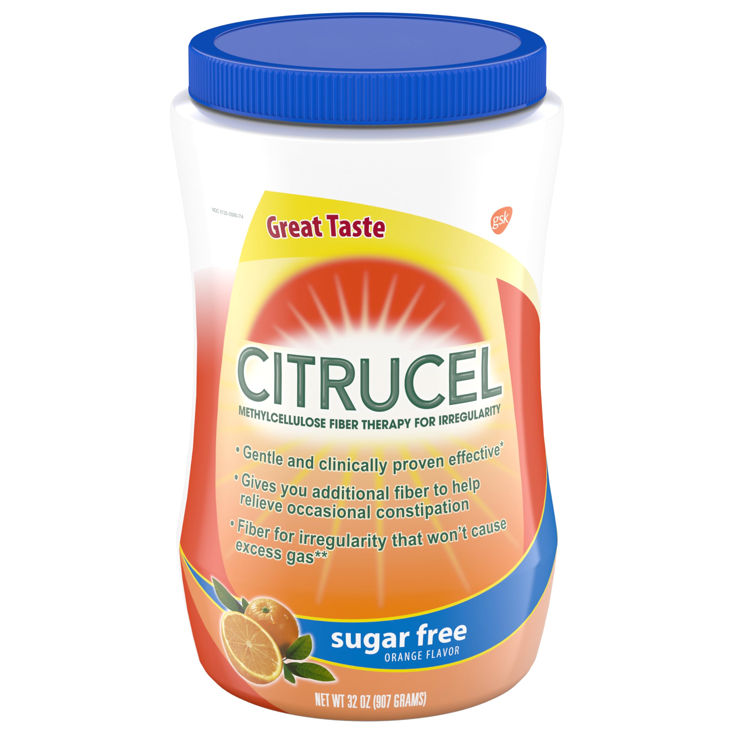 Citrucel Sugar Free Fiber Powder for Occasional Constipation Relief – Orange Flavor, 32 Ounces