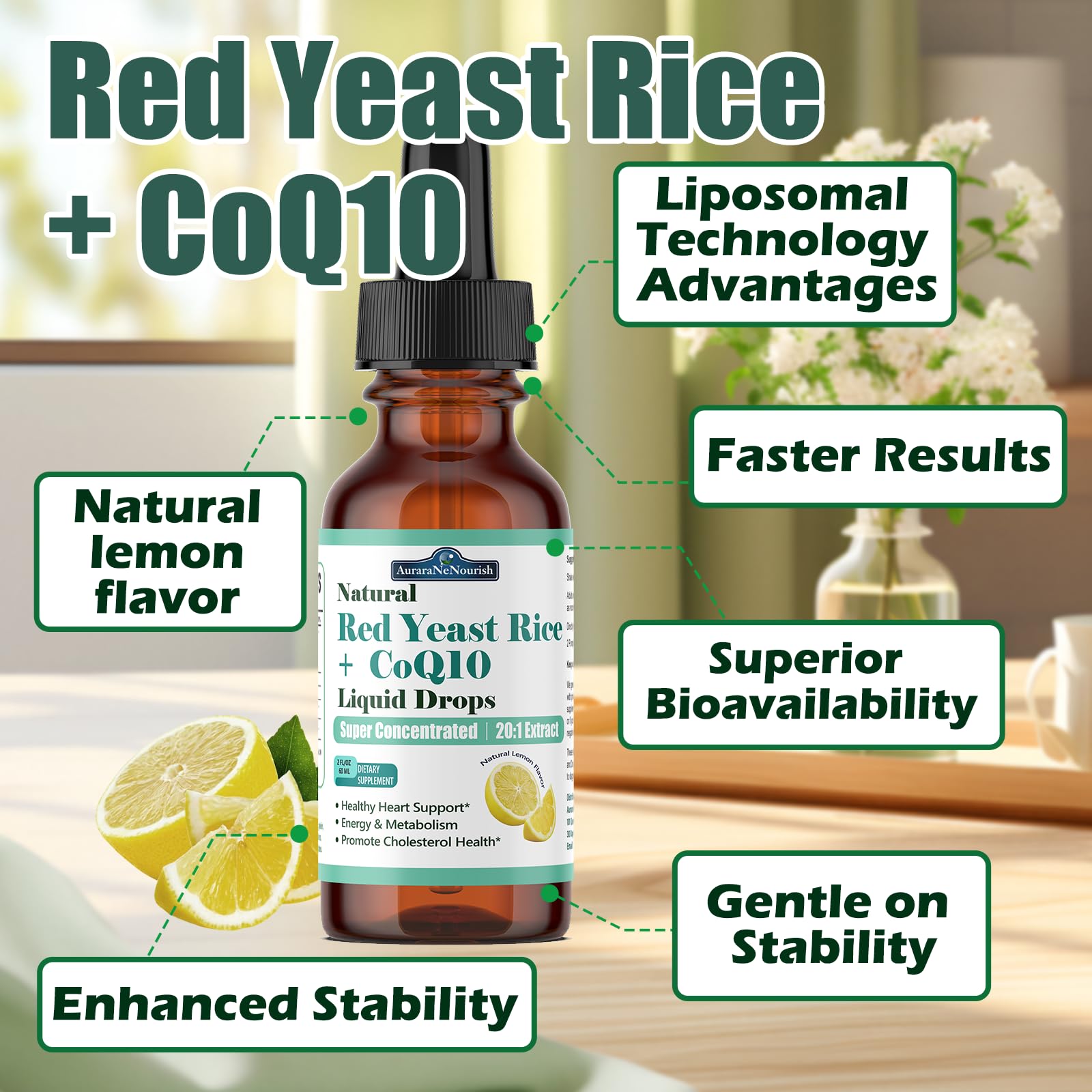 Red Yeast Rice with CoQ10 Liposomal Drops – 1200mg, 5-in-1 Cholesterol Support