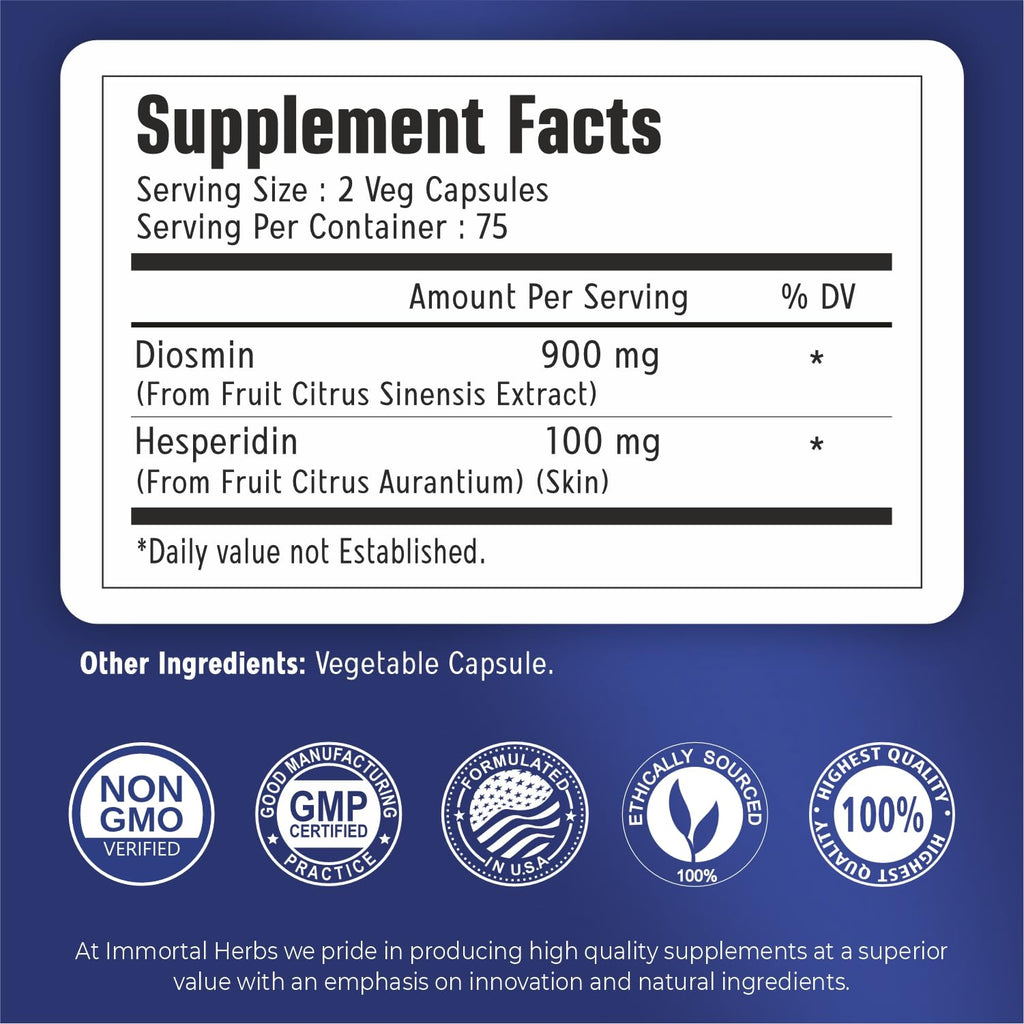 Immortal Herbs Diosmin Hesperidin 1000mg Complex – 150 Vegan Capsules | Gluten Free & Non-GMO