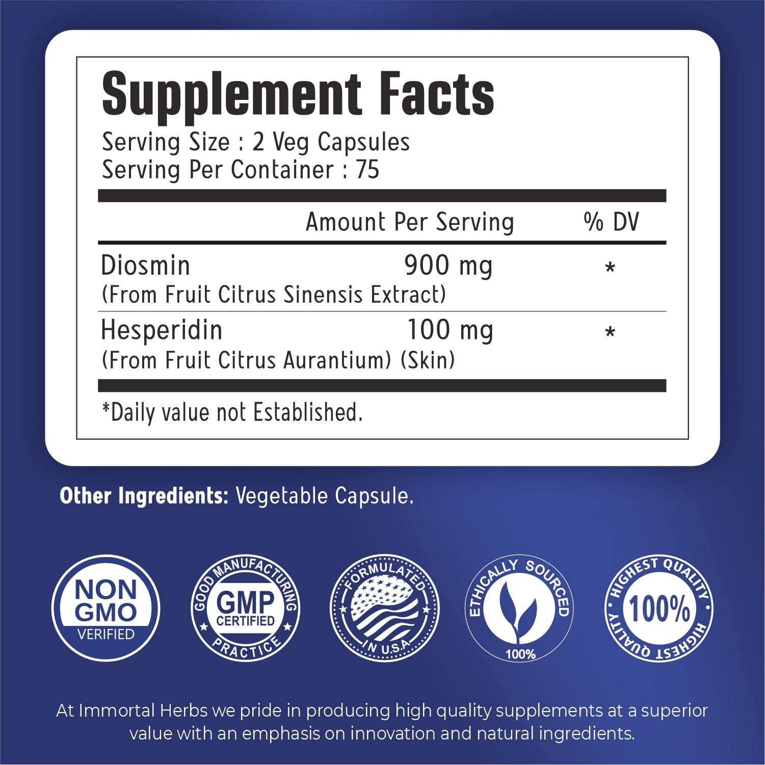 Immortal Herbs Diosmin Hesperidin 1000mg Complex – 150 Vegan Capsules | Gluten Free & Non-GMO
