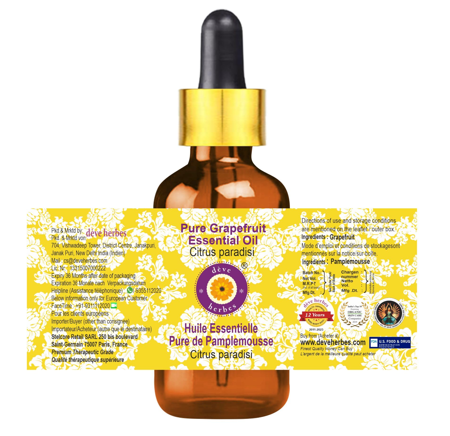 Deve Herbes Grapefruit Essential Oil (Citrus paradisi) - Steam Distilled 15ml