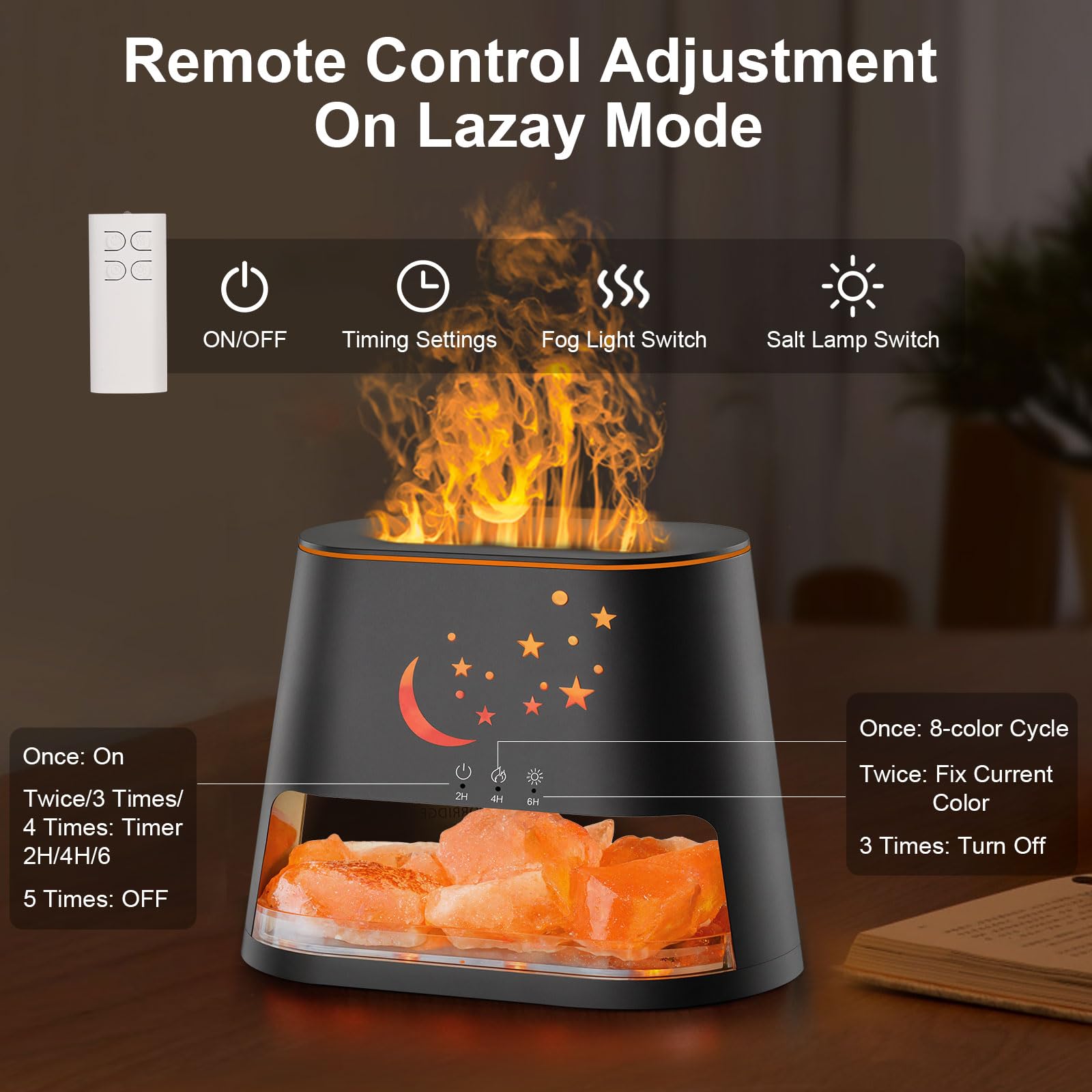 cjc 2-in-1 Ultrasonic Diffuser & Himalayan Salt Lamp — 260ml, 8-Color Flame, Auto-Off