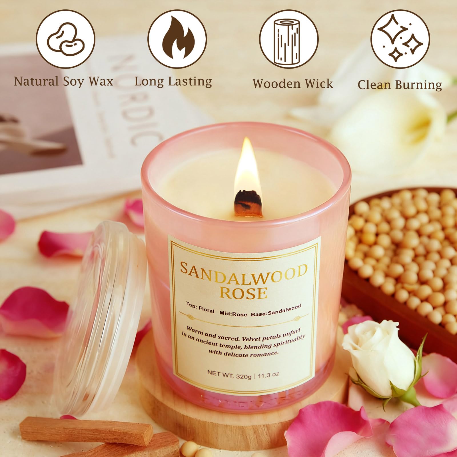 CJVIUS 2 Pack Candles – Wood Wick Sandalwood Rose, 22.6 oz, 150 Hour Burn Time, Natural Soy Wax Gift Set