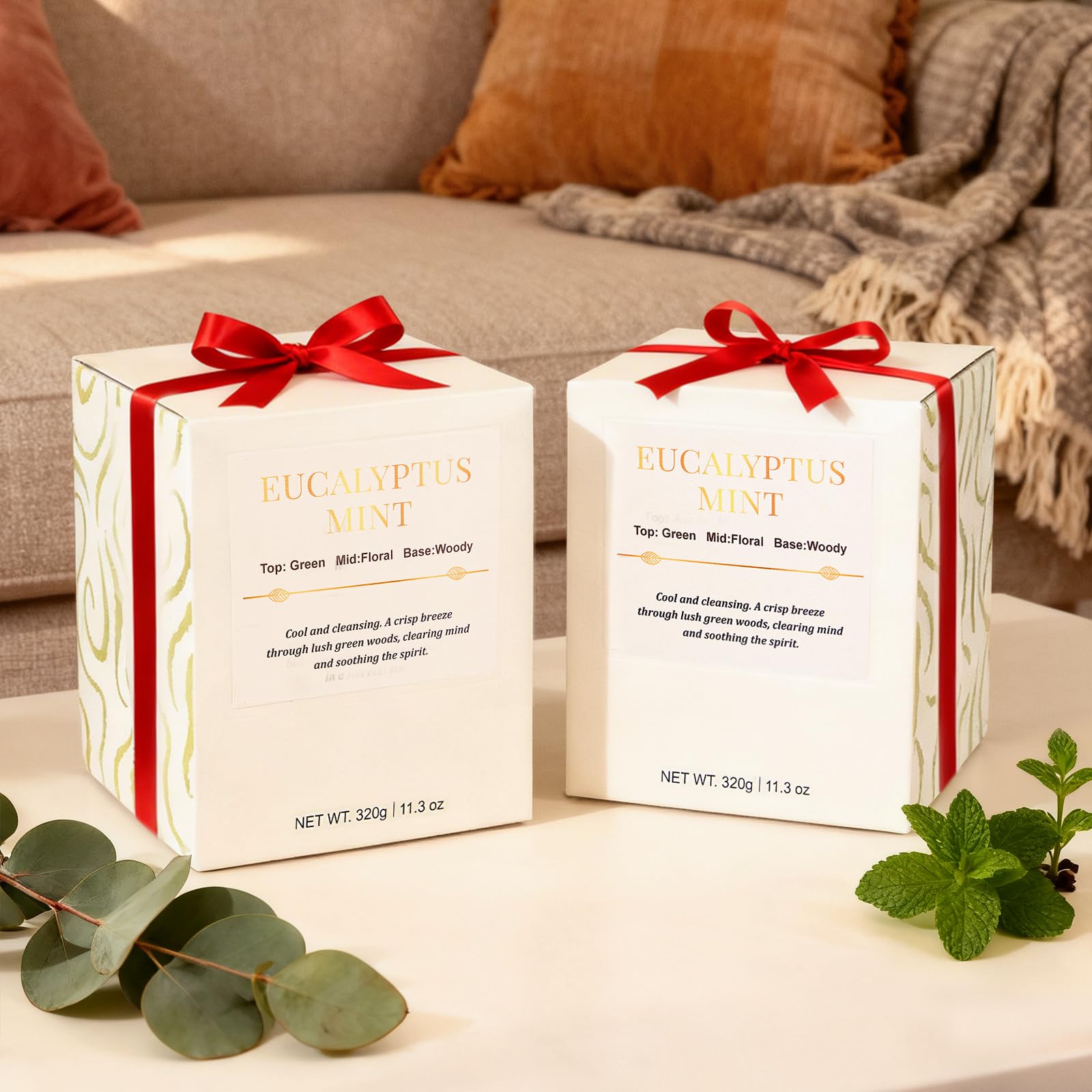 CJVIUS 2 Pack Candles – Wood Wick Eucalyptus Mint, 22.6 oz, 150 Hour Burn Time
