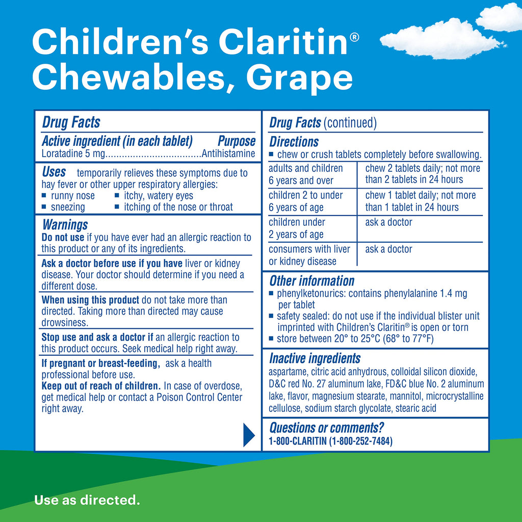 Children's Claritin Chewables Grape, 60 Count | 24 HR Non-Drowsy Allergy Medicine for Kids