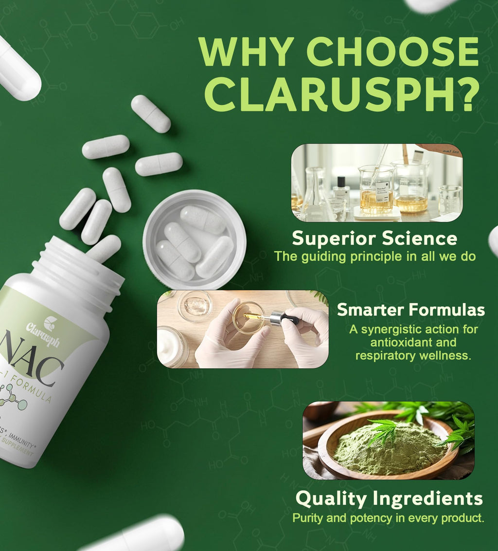 Clarusph NAC 1200mg – N-Acetyl Cysteine for Respiratory Support | Vegan, Gluten Free, 90 Caps