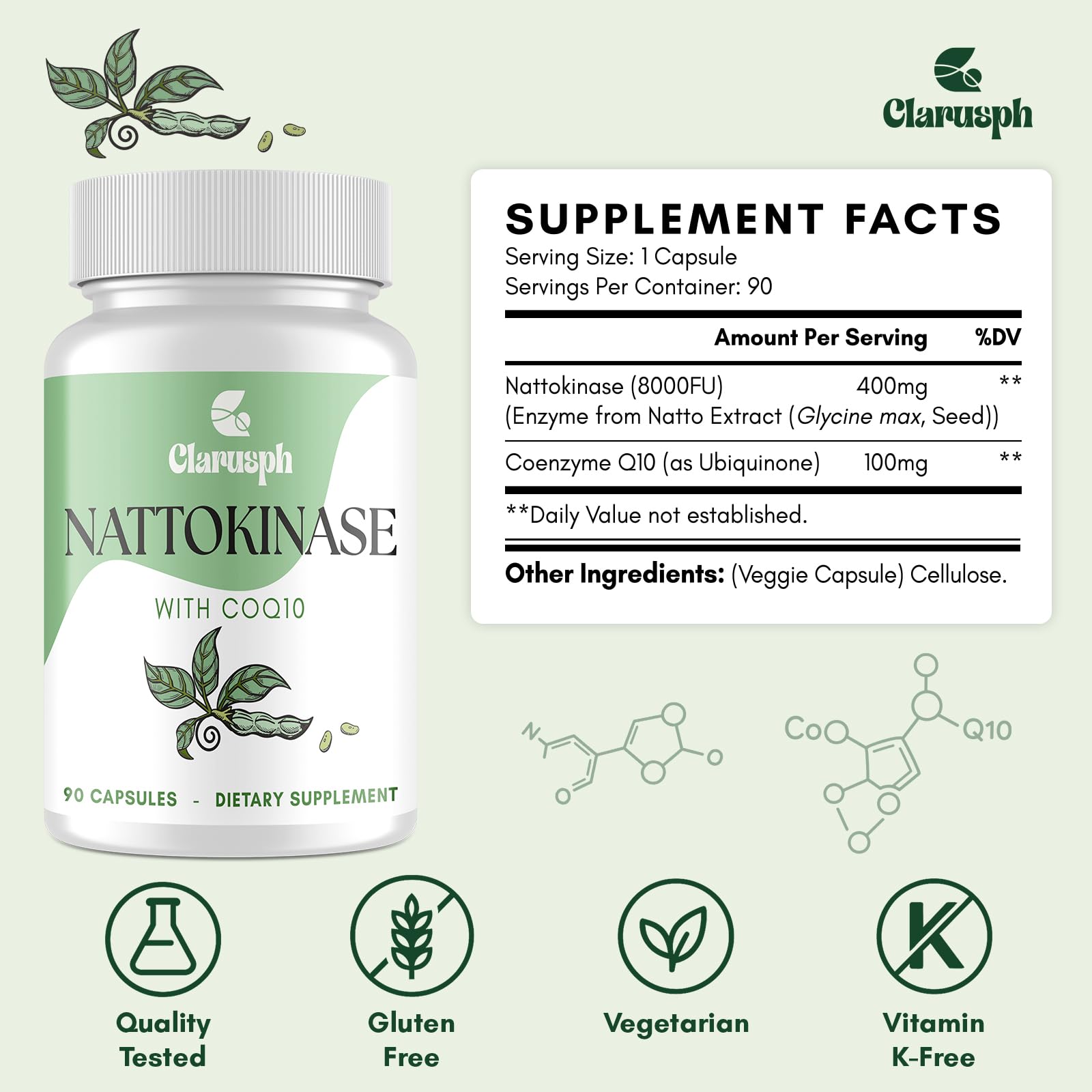 Clarusph Nattokinase Supplement for Circulation – 8000 FU + CoQ10, 90 Capsules, Gluten-Free