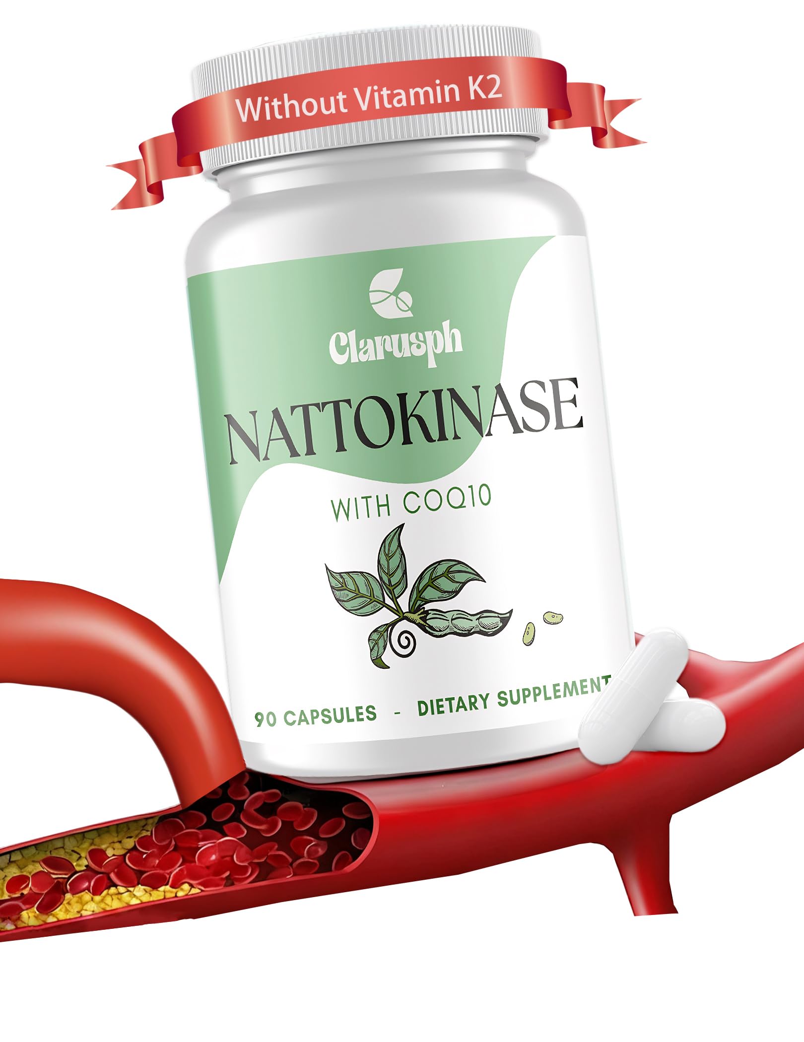 Clarusph Nattokinase Supplement for Circulation – 8000 FU + CoQ10, 90 Capsules, Gluten-Free