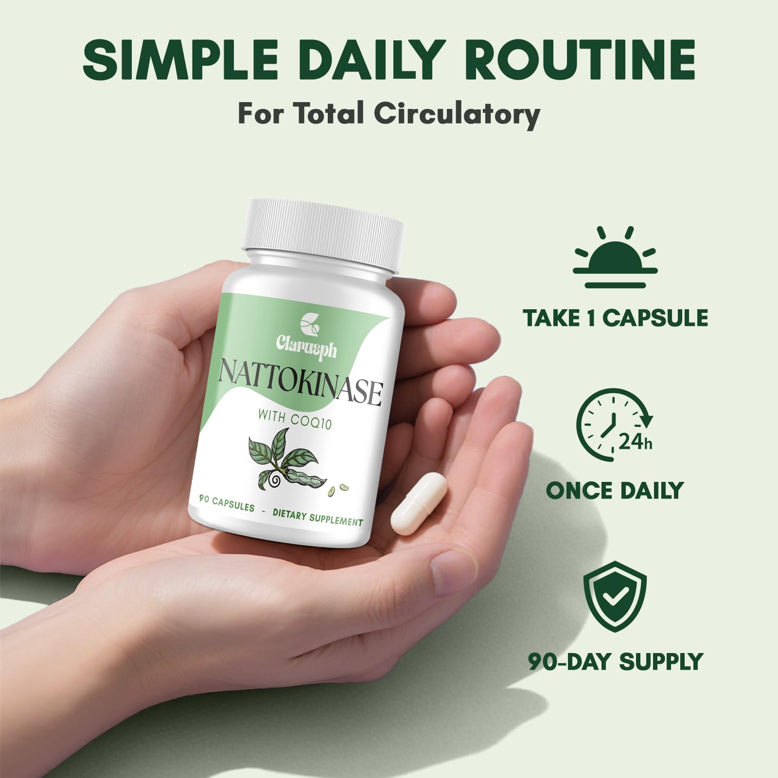 Clarusph Nattokinase Supplement for Circulation – 8000 FU + CoQ10, 90 Capsules, Gluten-Free