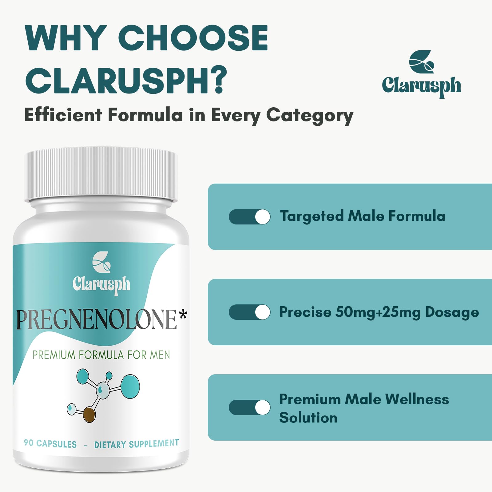 Clarusph Pregnenolone 50mg for Men + DHEA 25mg – 90 Capsules