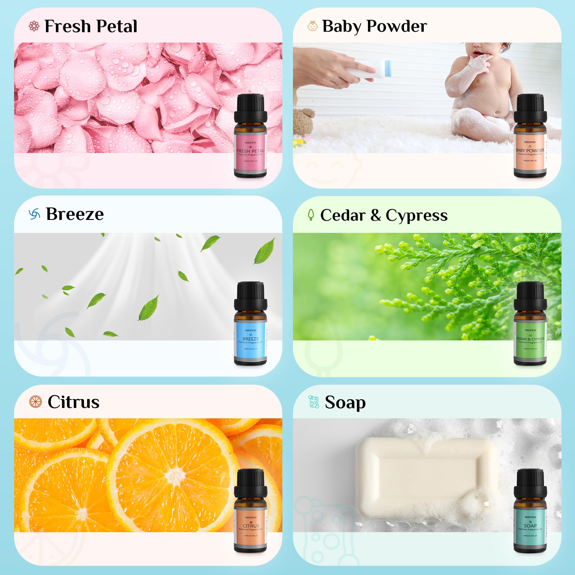Clean Essential Oils Set - 6x10ml Fragrance Oils for Diffuser, Aromatherapy, Candle & Soap Making