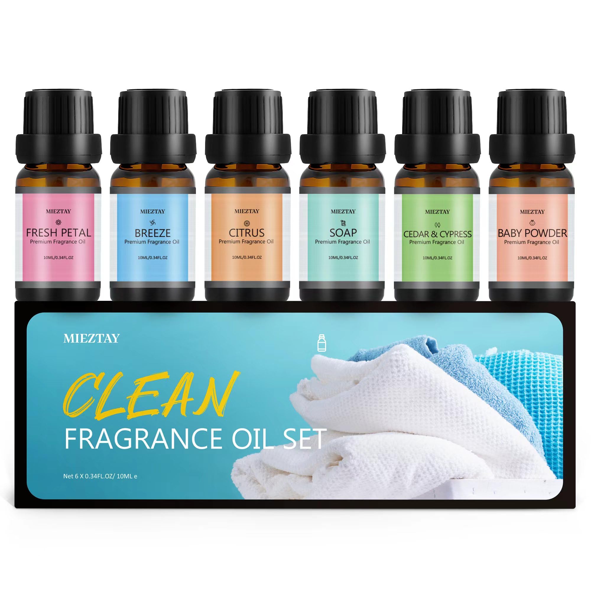 Clean Essential Oils Set - 6x10ml Fragrance Oils for Diffuser, Aromatherapy, Candle & Soap Making