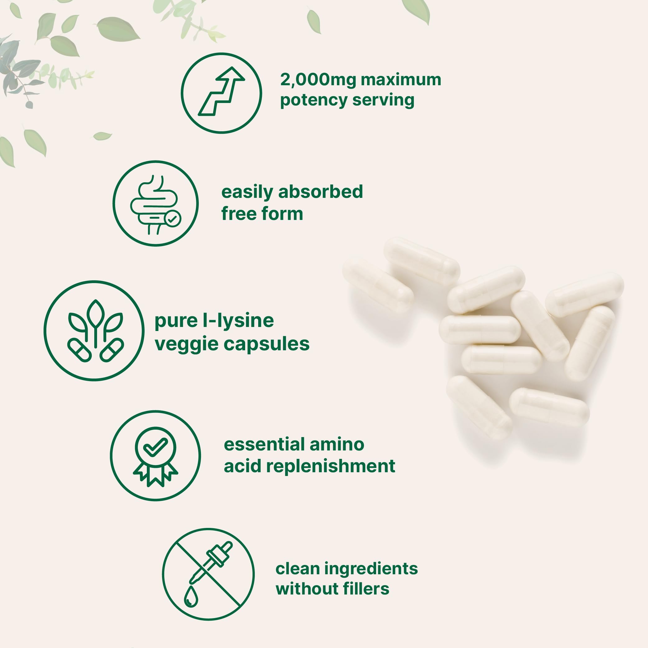 Pure L-Lysine 2,000mg | 300 Veggie Capsules | Maximum Potency, Free Form | Immune, Collagen & Lip Health