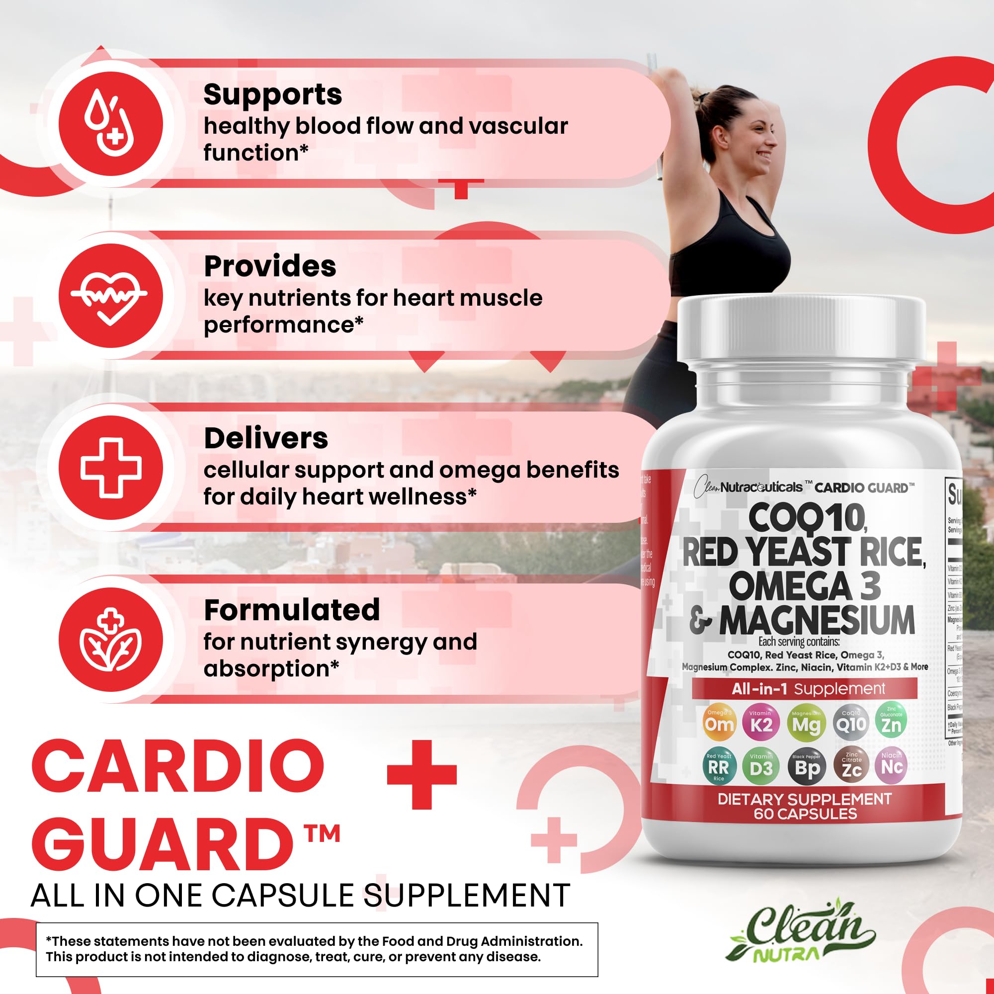 Clean Nutra CardioGuard: CoQ10 200mg + Red Yeast Rice | Omega-3, Mg, K2+D3