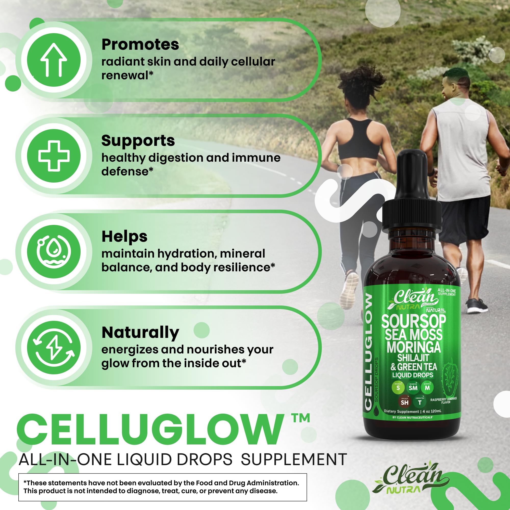 Clean Nutra CelluGlow Liquid Drops – Soursop, Sea Moss, Moringa (120 mL) Raspberry Lemonade