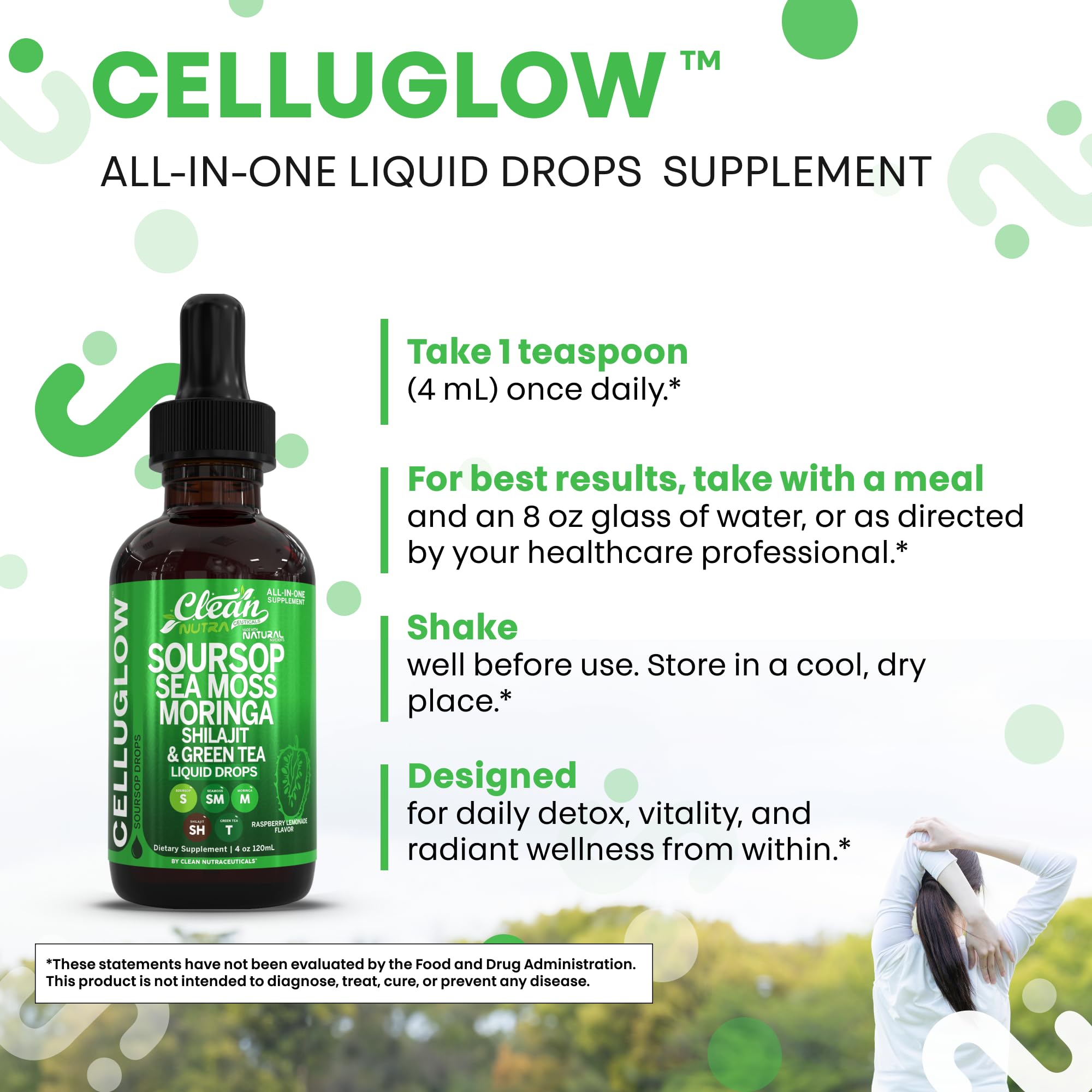 Clean Nutra CelluGlow Liquid Drops – Soursop, Sea Moss, Moringa (120 mL) Raspberry Lemonade