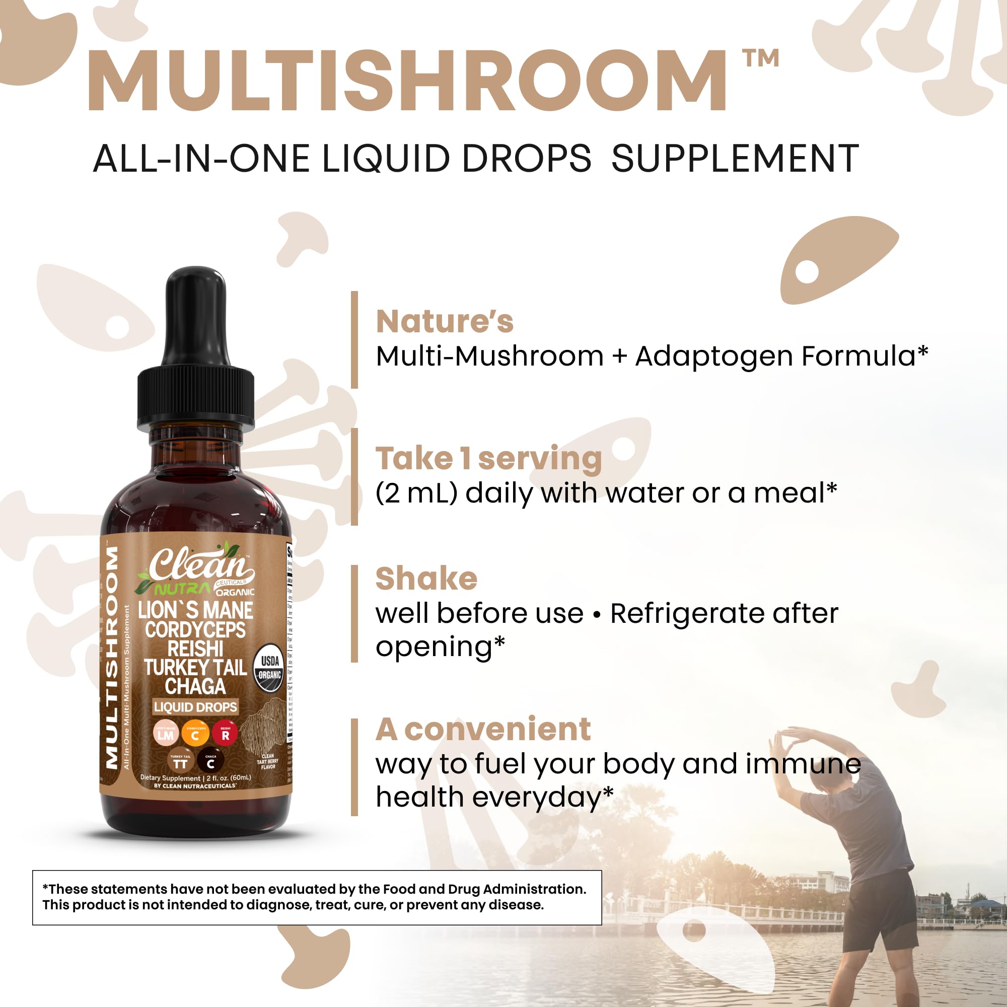 Clean Nutra Mushroom Liquid Drops | Lions Mane, Cordyceps, Reishi & Turkey Tail