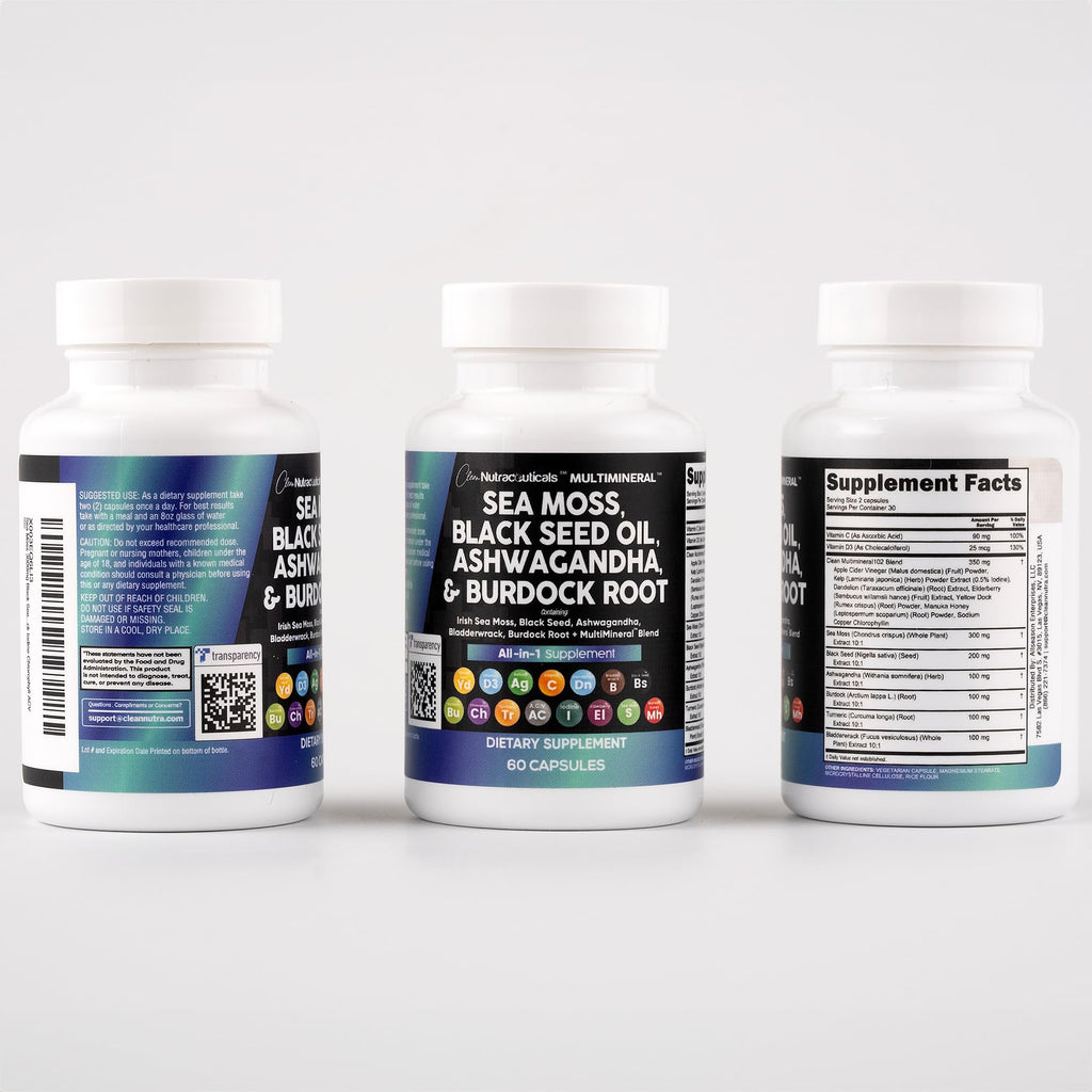 Clean Nutraceuticals Sea Moss & Black Seed Oil 15-in-1 with Ashwagandha, Turmeric, Vitamin C & D3