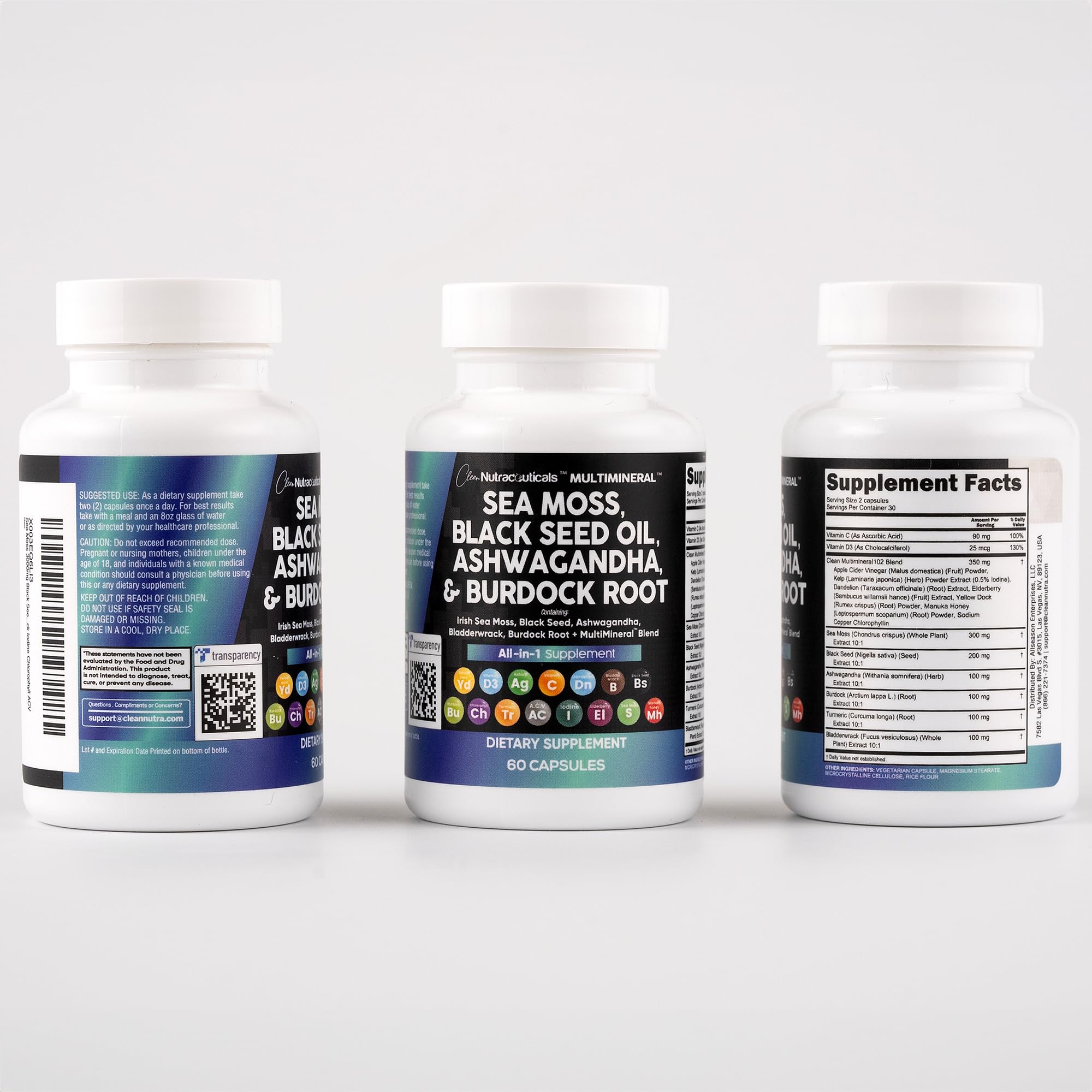 Clean Nutraceuticals Sea Moss & Black Seed Oil 15-in-1 with Ashwagandha, Turmeric, Vitamin C & D3