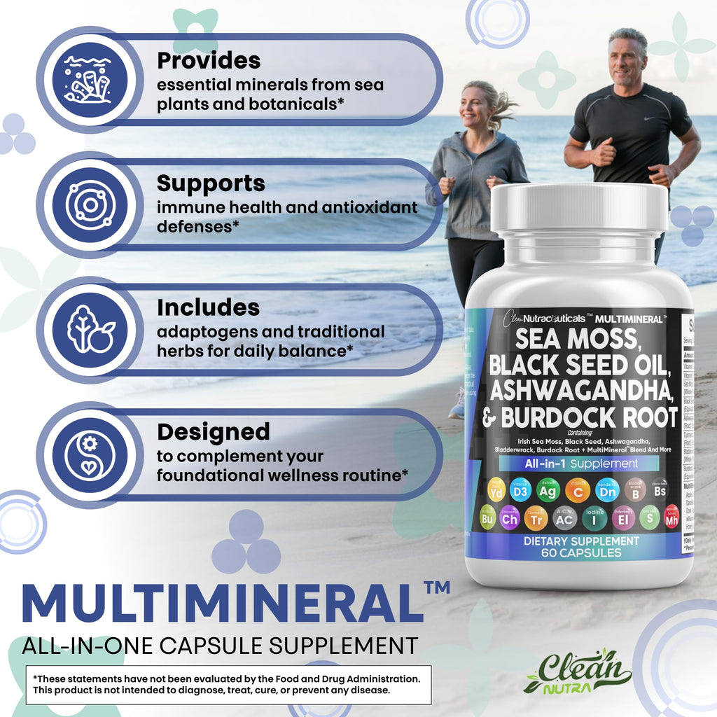 Clean Nutraceuticals Sea Moss & Black Seed Oil 15-in-1 with Ashwagandha, Turmeric, Vitamin C & D3