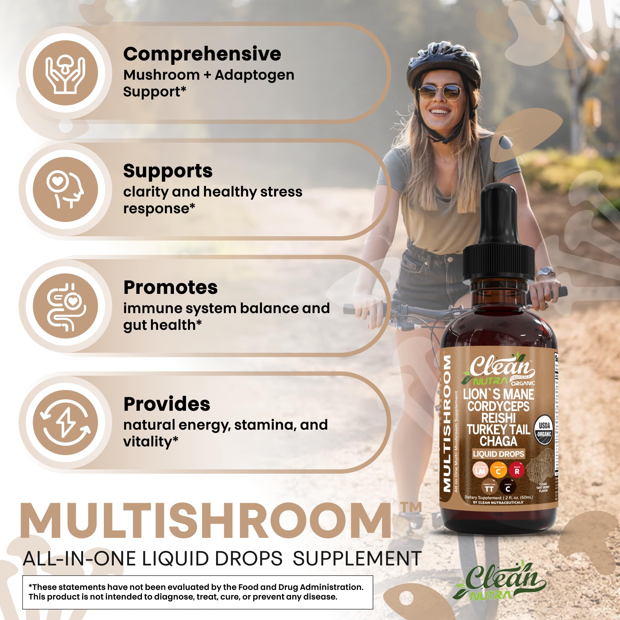 Clean Nutra Mushroom Liquid Drops | Lions Mane, Cordyceps, Reishi & Turkey Tail
