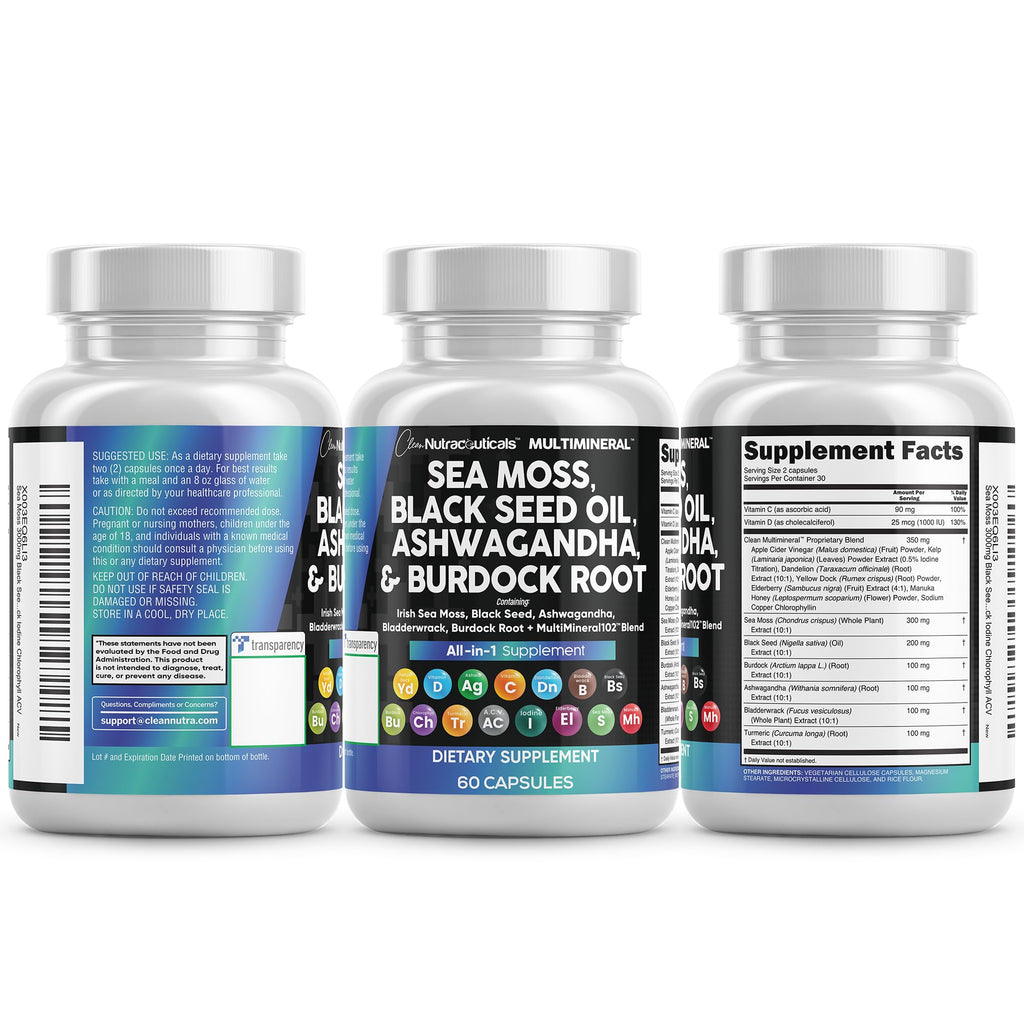 Clean Nutraceuticals 15-in-1 Sea Moss & Black Seed Oil 2-Pack | Ashwagandha Turmeric Blend