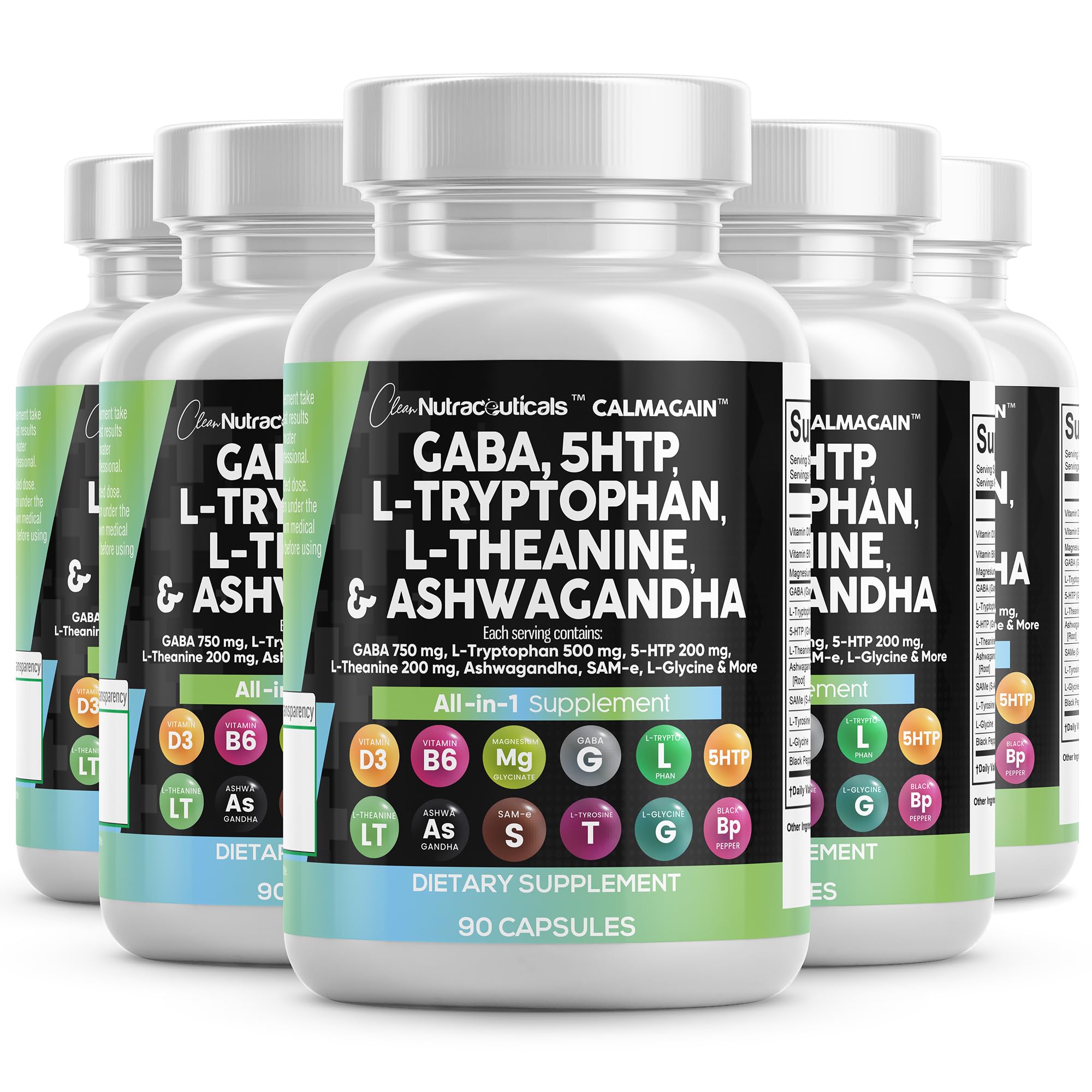 CalmAgain All-In-One Mood Support — Clean Nutraceuticals, GABA, L-Theanine, 5-HTP, Ashwagandha (90 Count, Pack of 5)