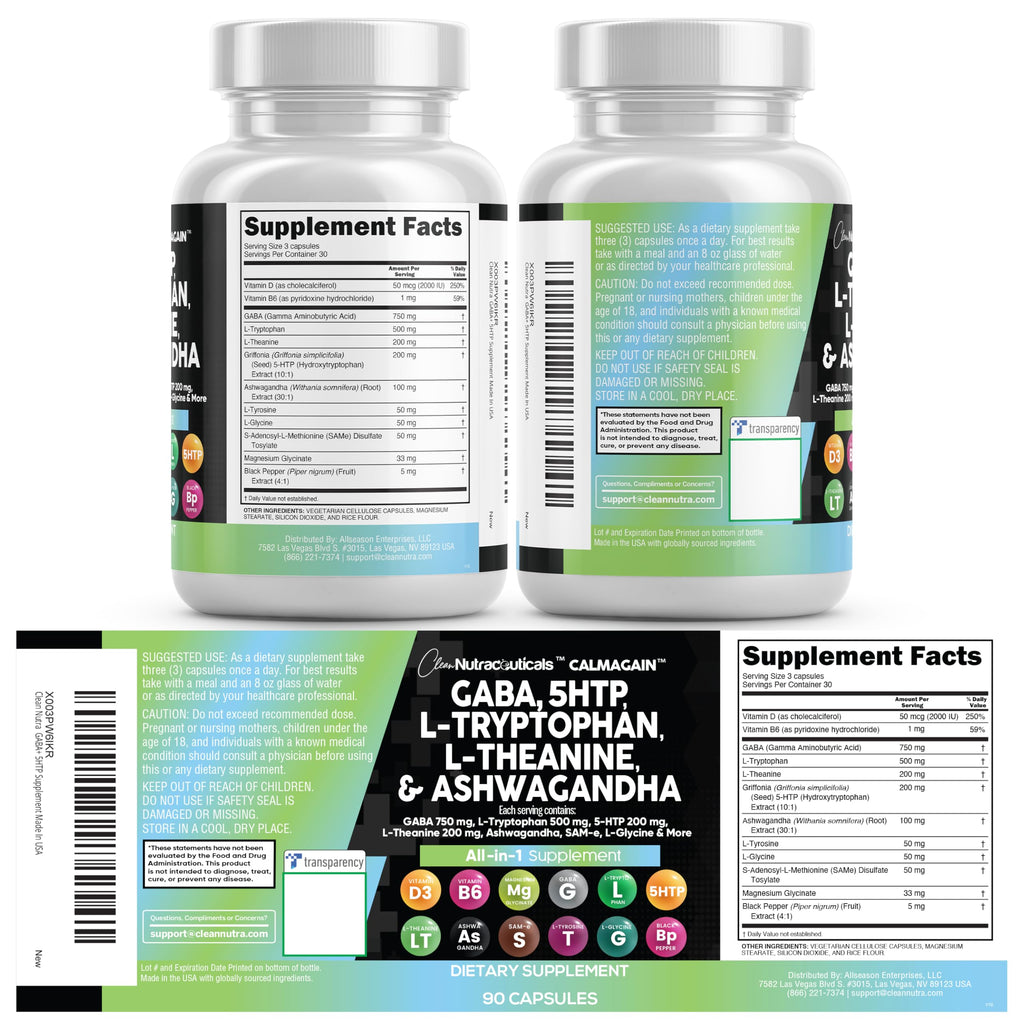 CalmAgain All-In-One Mood Support — Clean Nutraceuticals, GABA, L-Theanine, 5-HTP, Ashwagandha (90 Count, Pack of 5)
