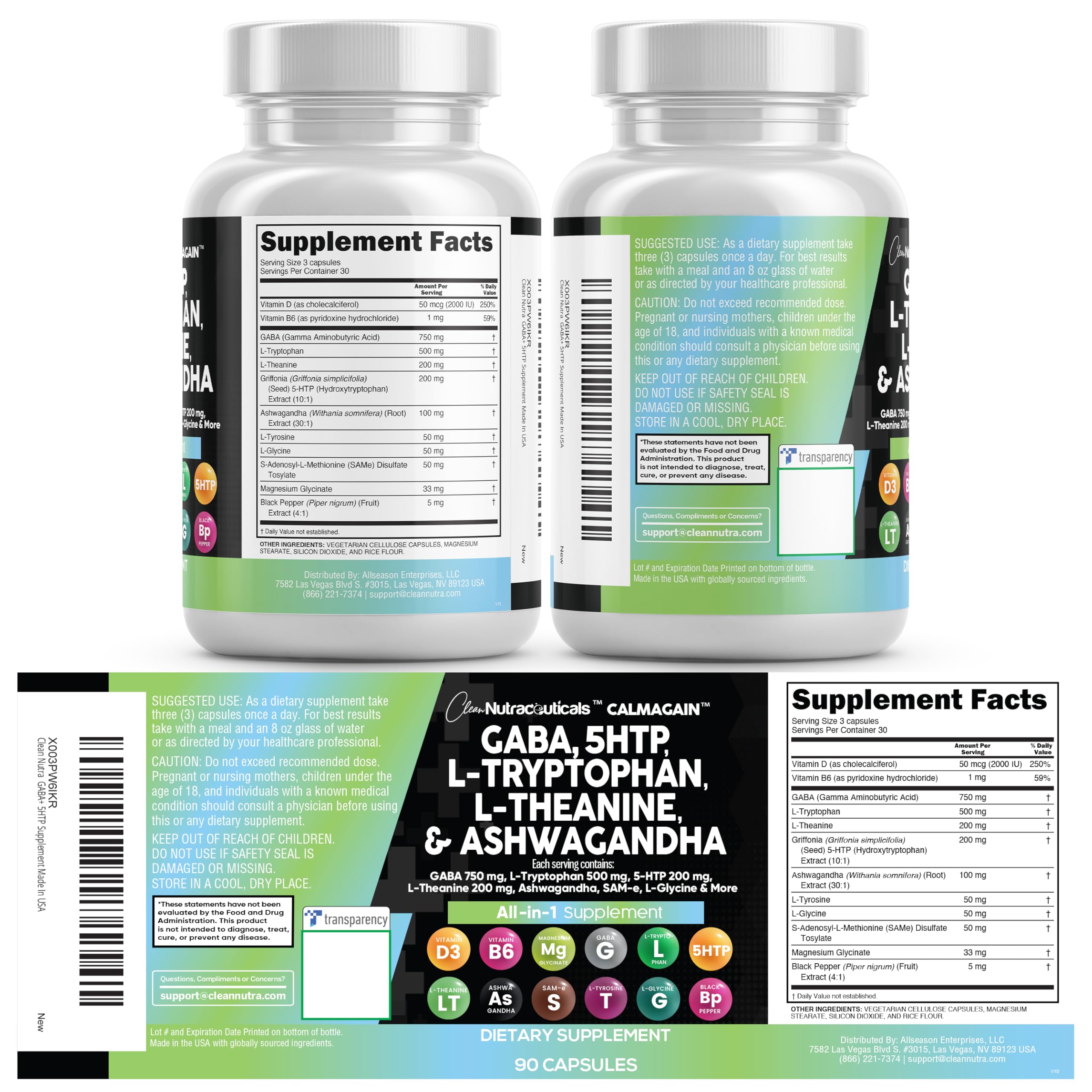 CalmAgain All-In-One Mood Support — Clean Nutraceuticals, GABA, L-Theanine, 5-HTP, Ashwagandha (90 Count, Pack of 5)
