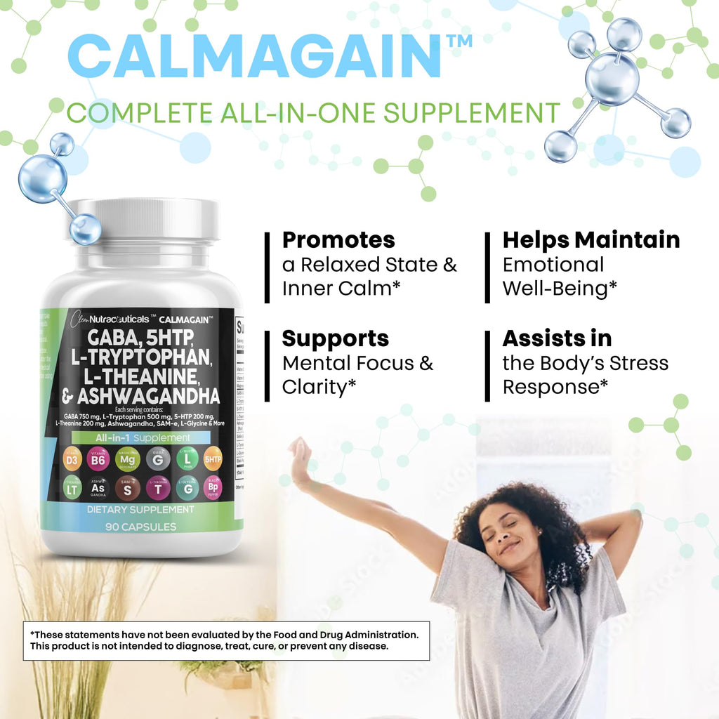 CalmAgain All-In-One Mood Support — Clean Nutraceuticals, GABA, L-Theanine, 5-HTP, Ashwagandha (90 Count, Pack of 5)