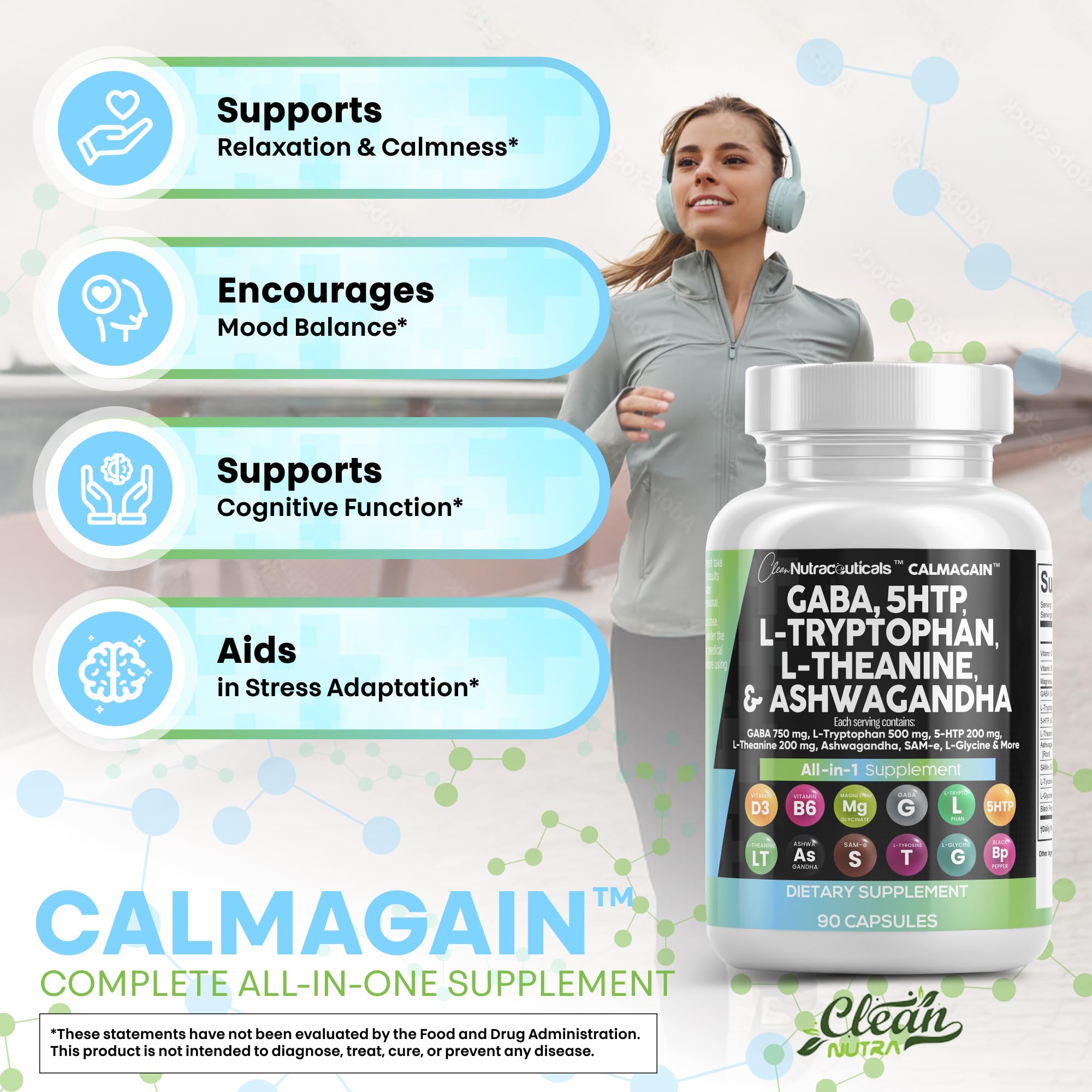 CalmAgain All-In-One Mood Support — Clean Nutraceuticals, GABA, L-Theanine, 5-HTP, Ashwagandha (90 Count, Pack of 5)