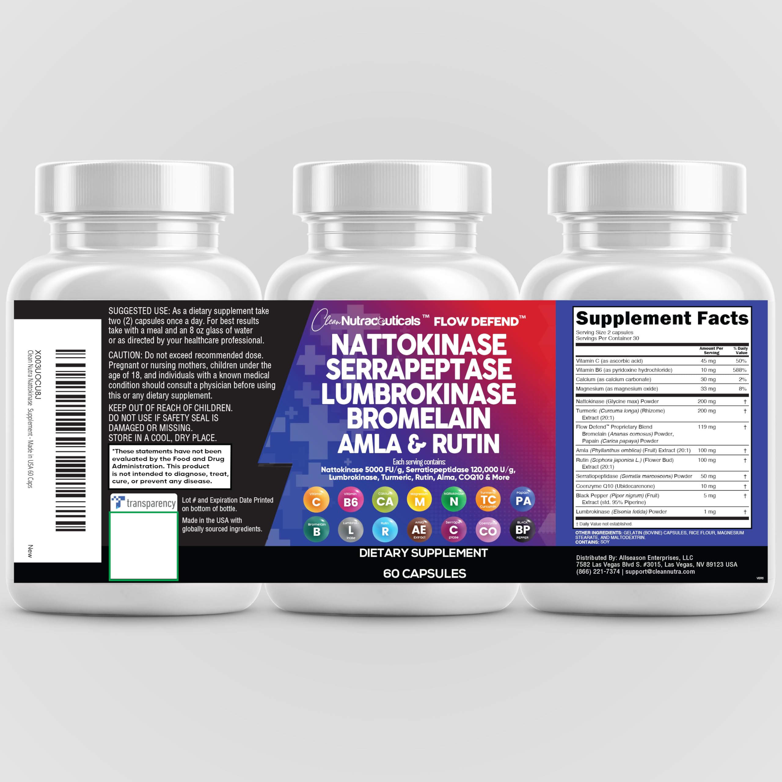 Clean Nutraceuticals Nattokinase 4000 FU & Serrapeptase 120000 SPU – Lumbrokinase Enzyme Supplement with Bromelain, Papain & Vitamins