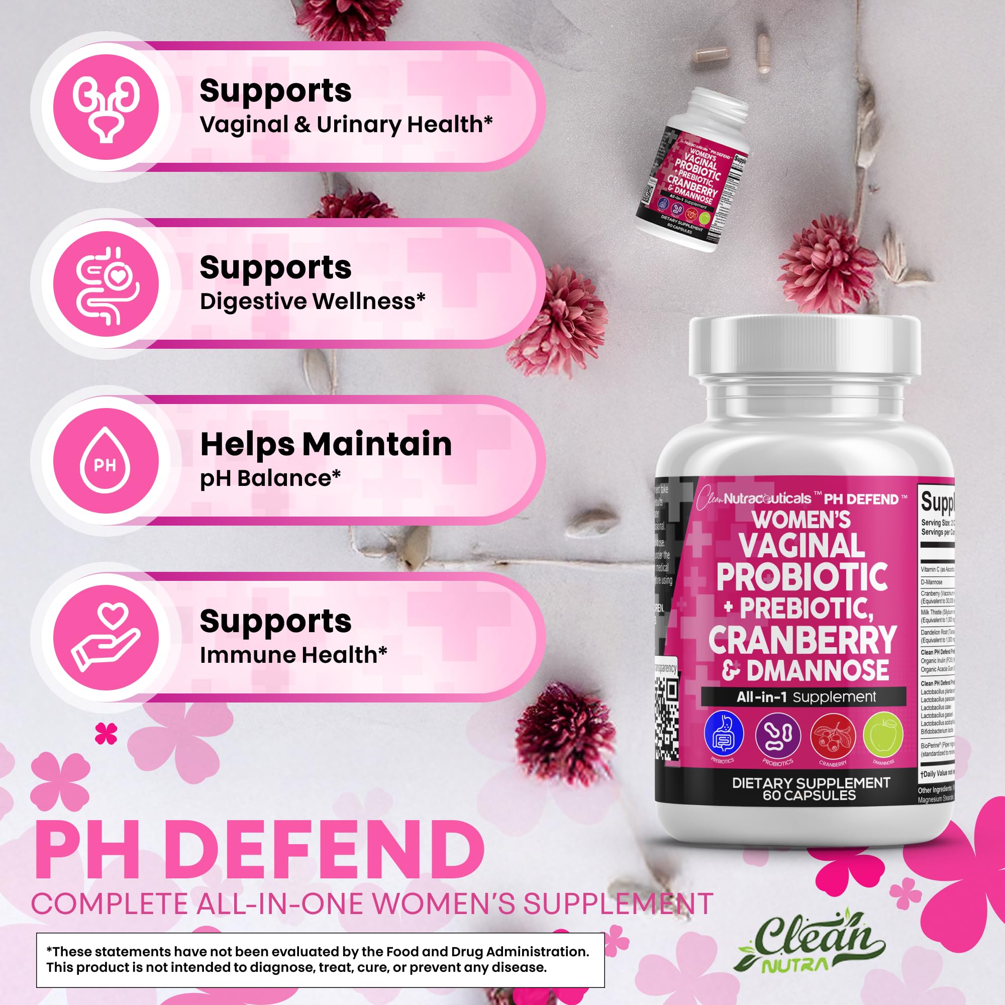 Clean Nutraceuticals Vaginal Probiotics + Prebiotics, 20B CFU Cranberry + D-Mannose Pills – 2-Pack