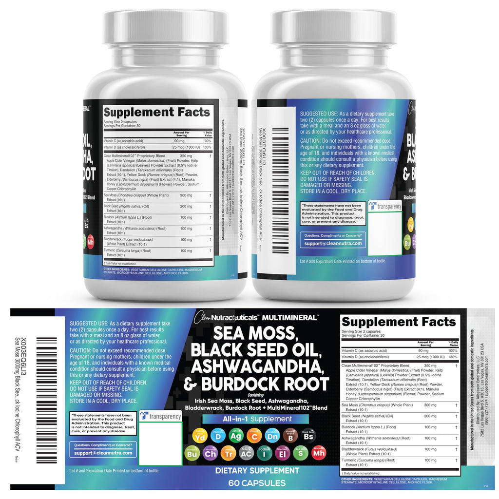 Clean Nutraceuticals 15-in-1 Sea Moss & Black Seed Oil 2-Pack | Ashwagandha Turmeric Blend