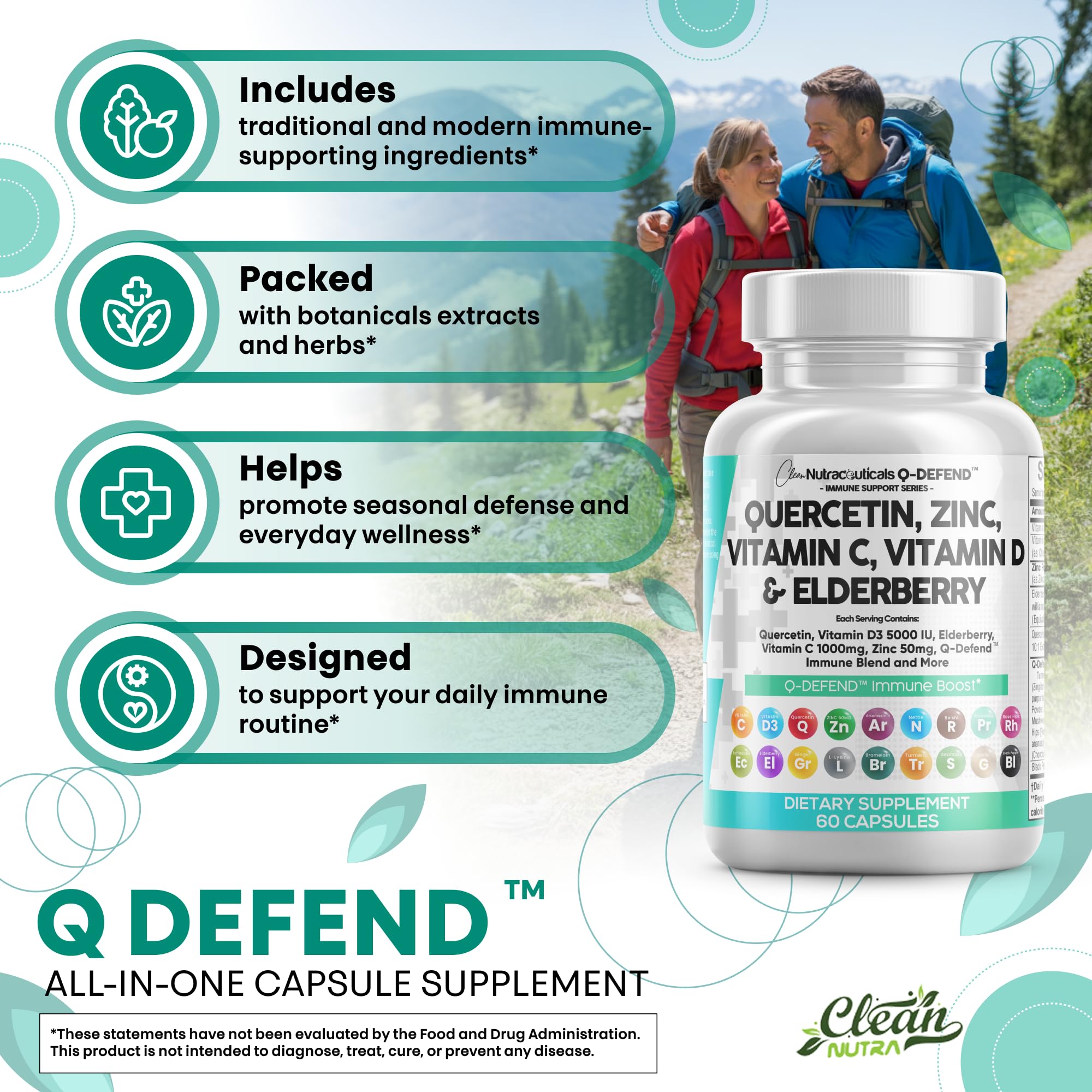 Clean Nutraceuticals Quercetin Zinc Vitamin C Vitamin D Bromelain Elderberry – Lung Immune Support for Adults