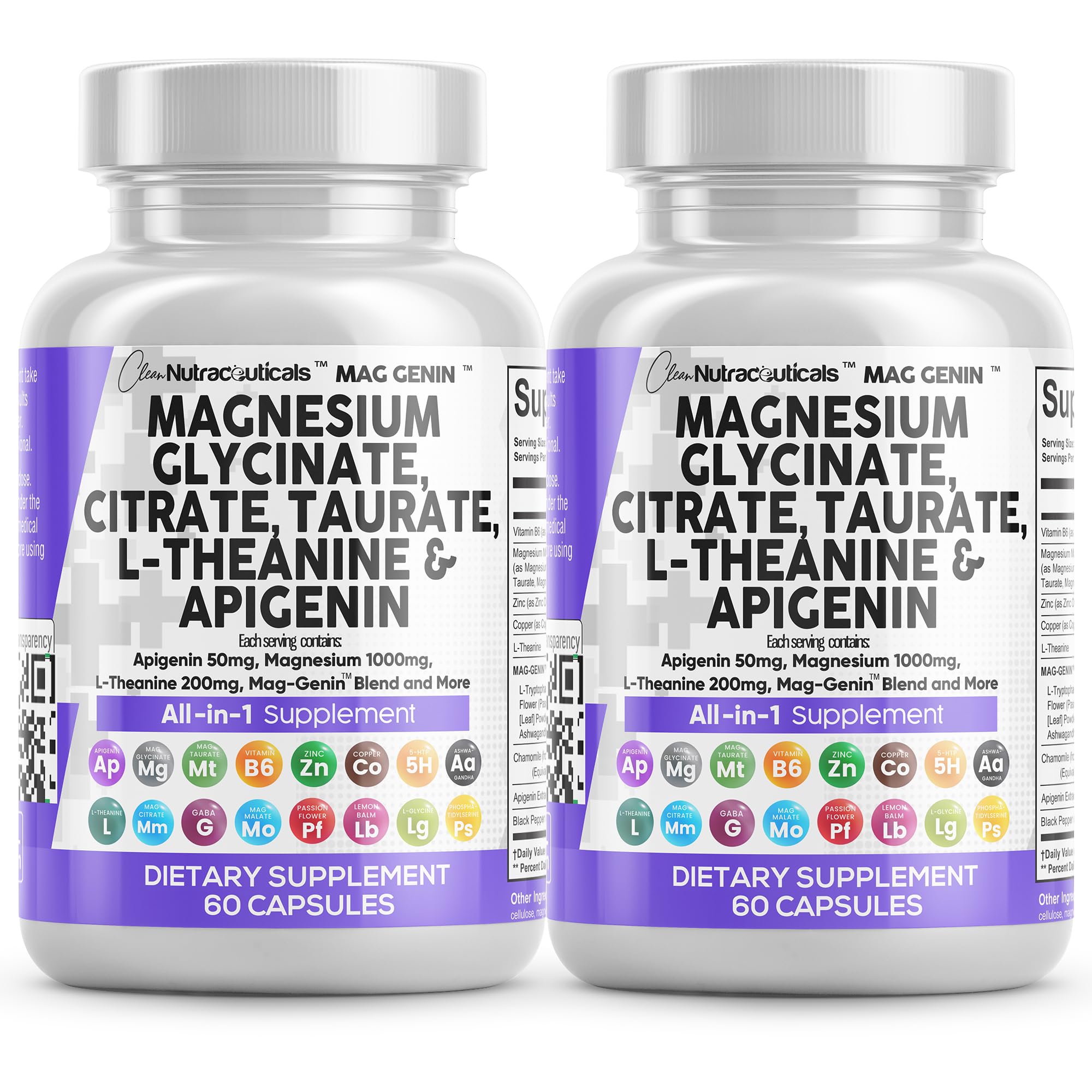 Clean Nutraceuticals Magnesium Glycinate Complex 1000mg with L-Theanine 200mg and Apigenin 50mg Citrate Taurate – 60 Count Pack of 2