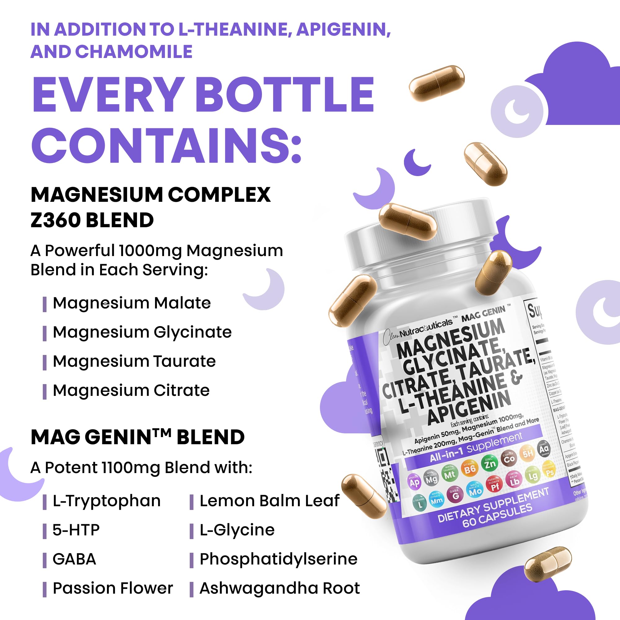 Clean Nutraceuticals Magnesium Glycinate Complex 1000mg with L-Theanine 200mg and Apigenin 50mg Citrate Taurate – 60 Count Pack of 2