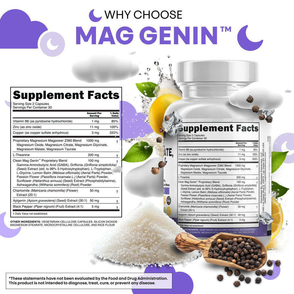Clean Nutraceuticals Magnesium Glycinate Complex 1000mg with L-Theanine 200mg and Apigenin 50mg Citrate Taurate – 60 Count Pack of 2