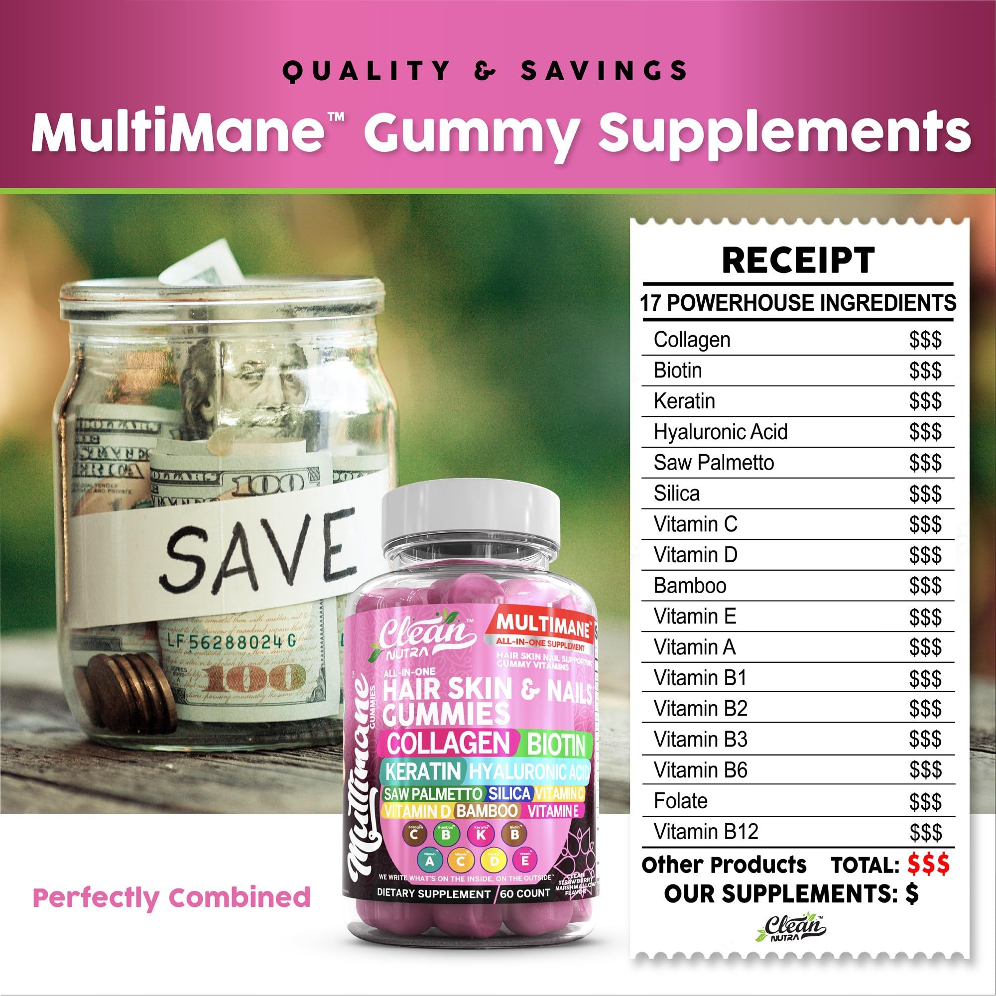 Clean Nutraceuticals Biotin Collagen Keratin Gummies | Hair, Skin & Nails Vitamins for Women